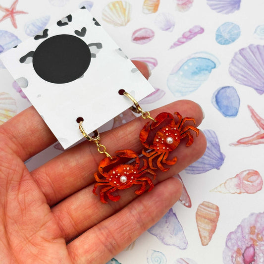 Bright Orange Crab & Pearl Acrylic Dangle Earrings