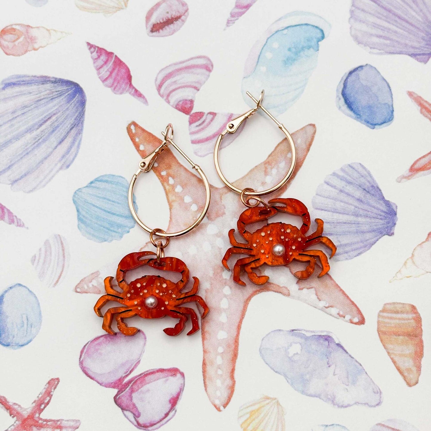 Bright Orange Crab & Pearl Acrylic Dangle Earrings