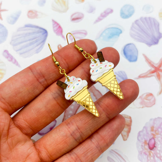 Whippy Ice Cream Cone Acrylic Dangle Earrings with Flake & Sprinkles