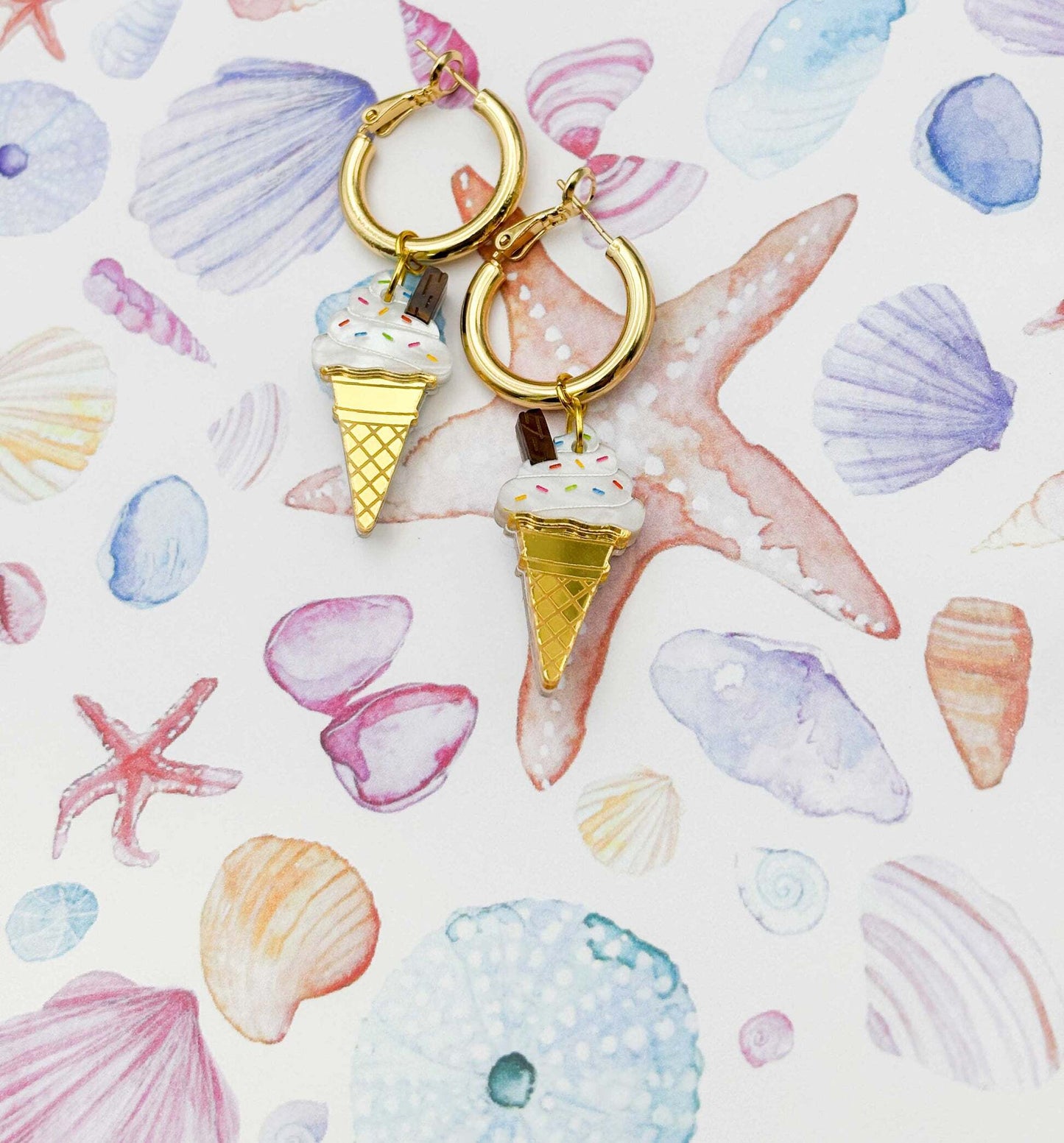 Whippy Ice Cream Cone Acrylic Dangle Earrings with Flake & Sprinkles