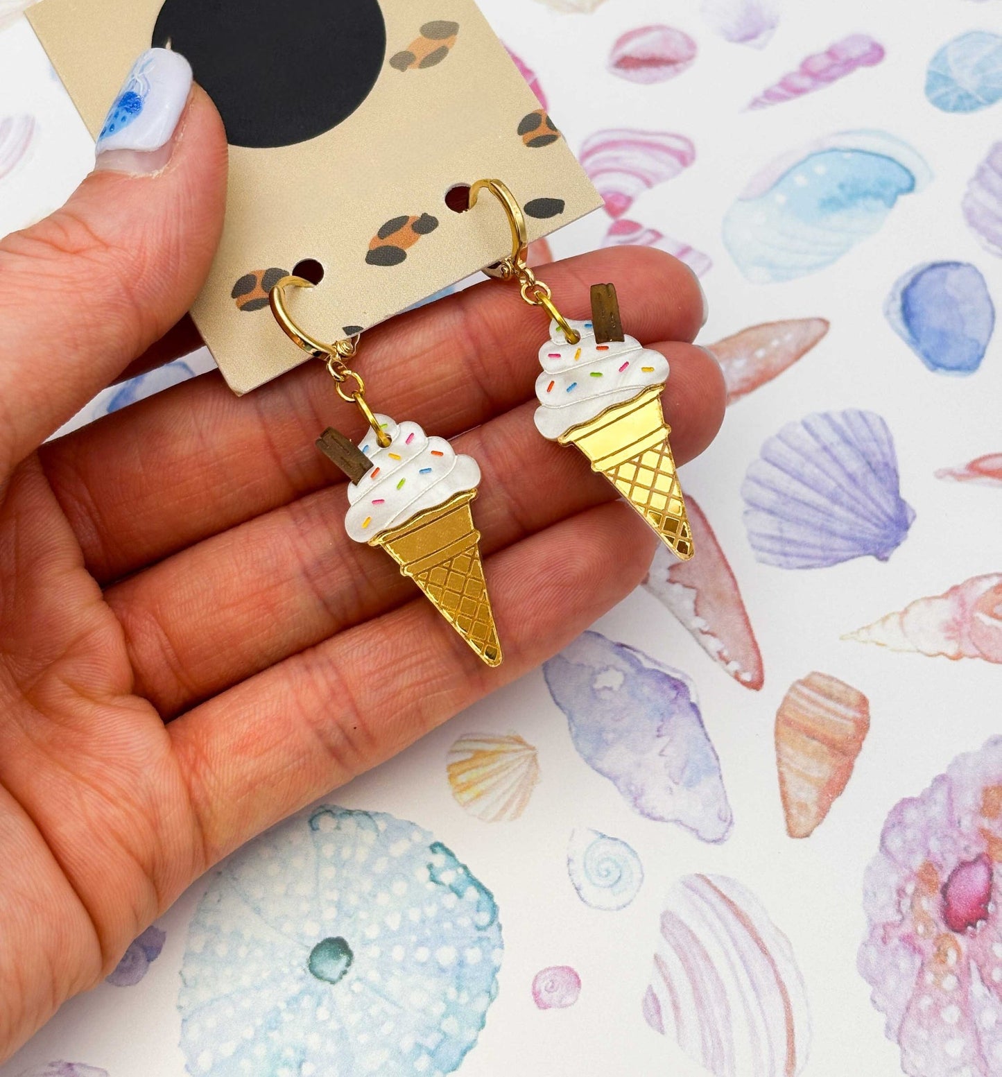 Whippy Ice Cream Cone Acrylic Dangle Earrings with Flake & Sprinkles