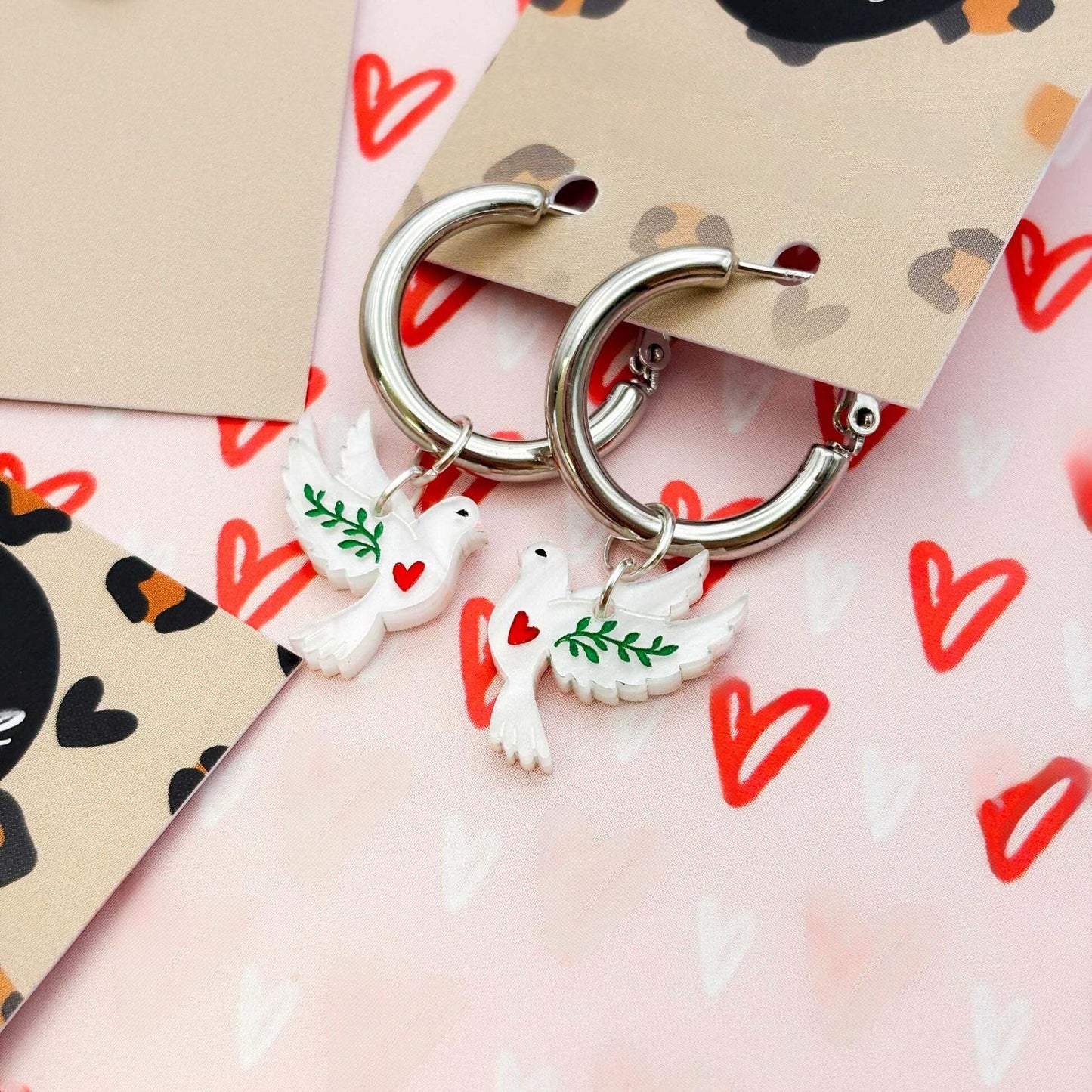 White Marble Heart Dove Acrylic Dangle Earrings