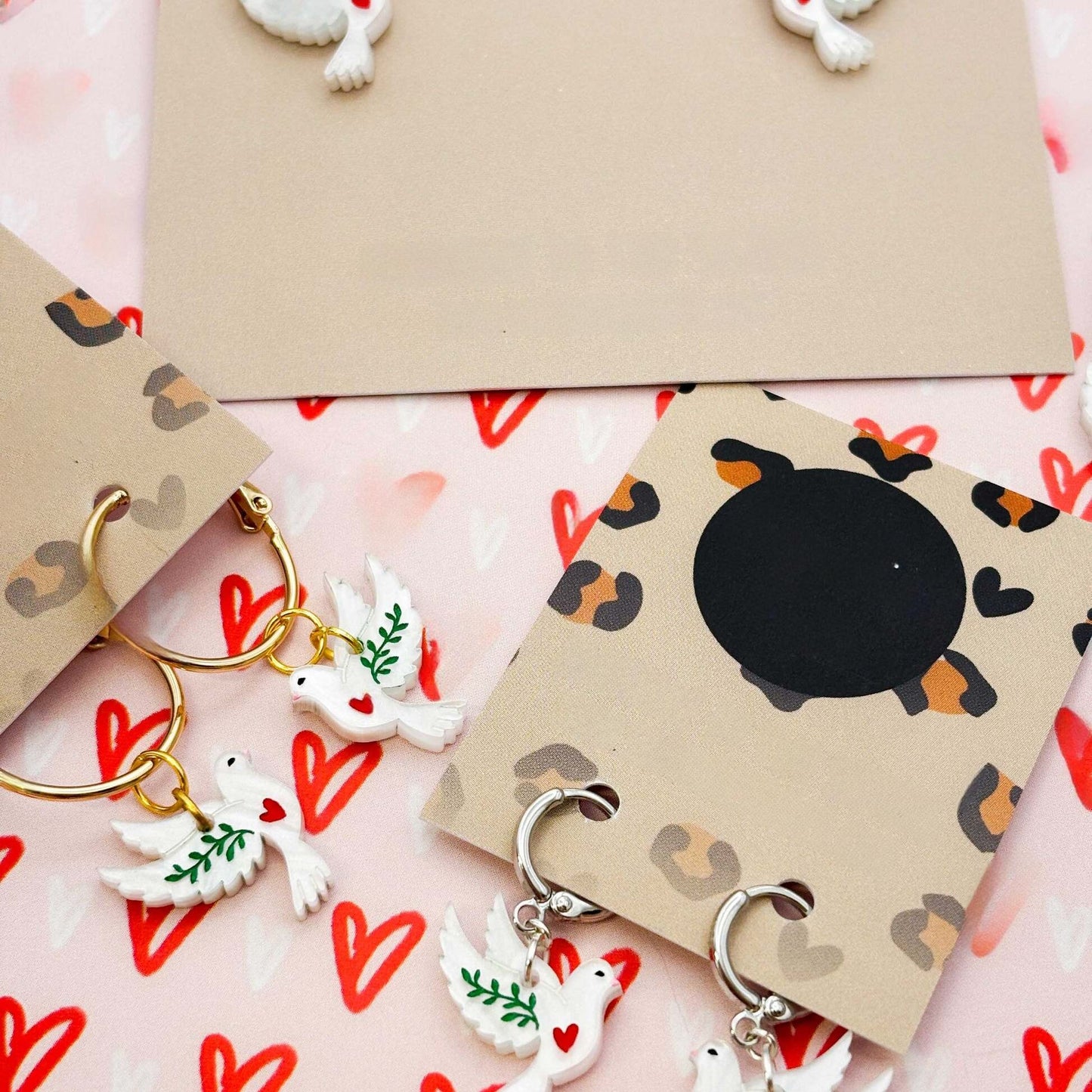 White Marble Heart Dove Acrylic Dangle Earrings