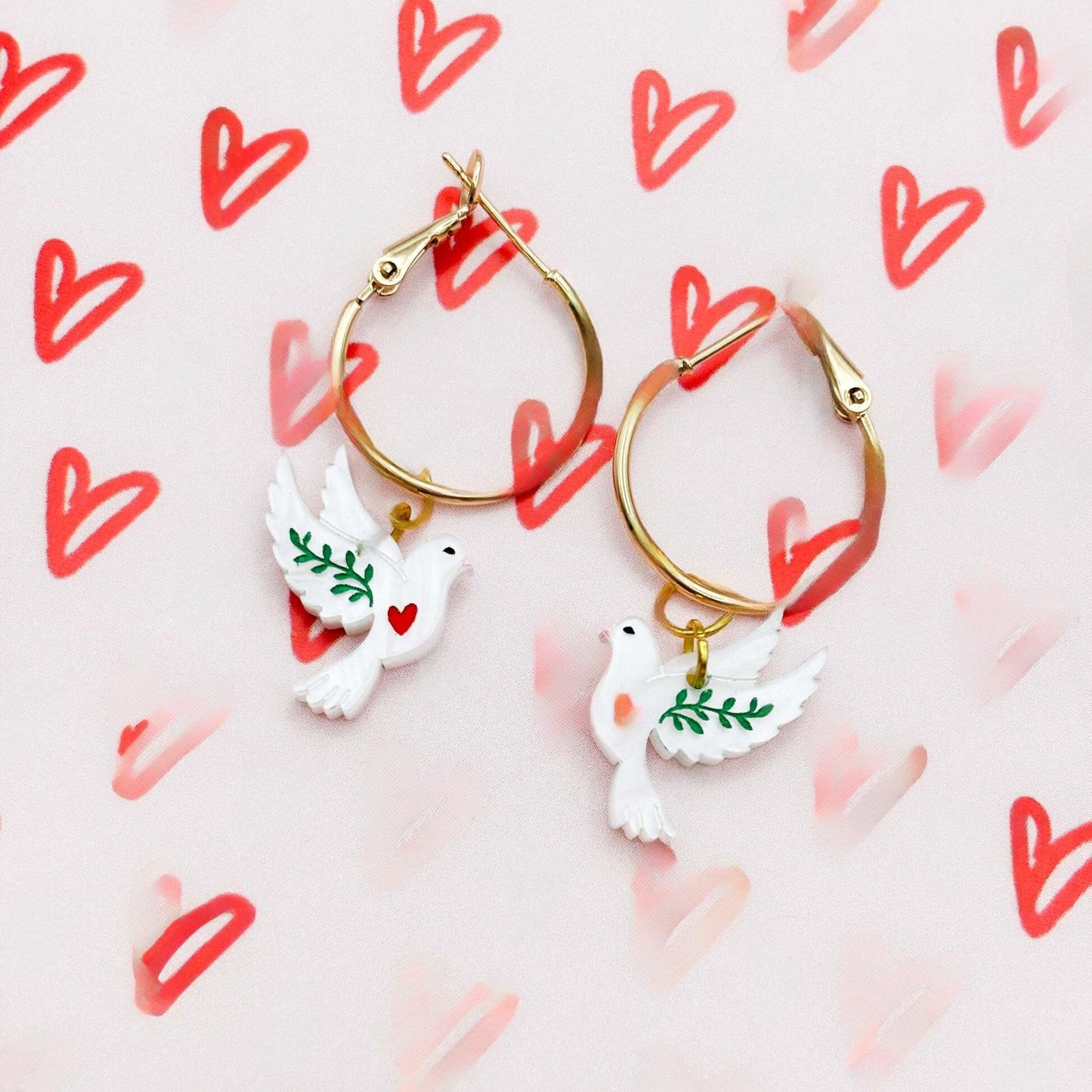 White Marble Heart Dove Acrylic Dangle Earrings