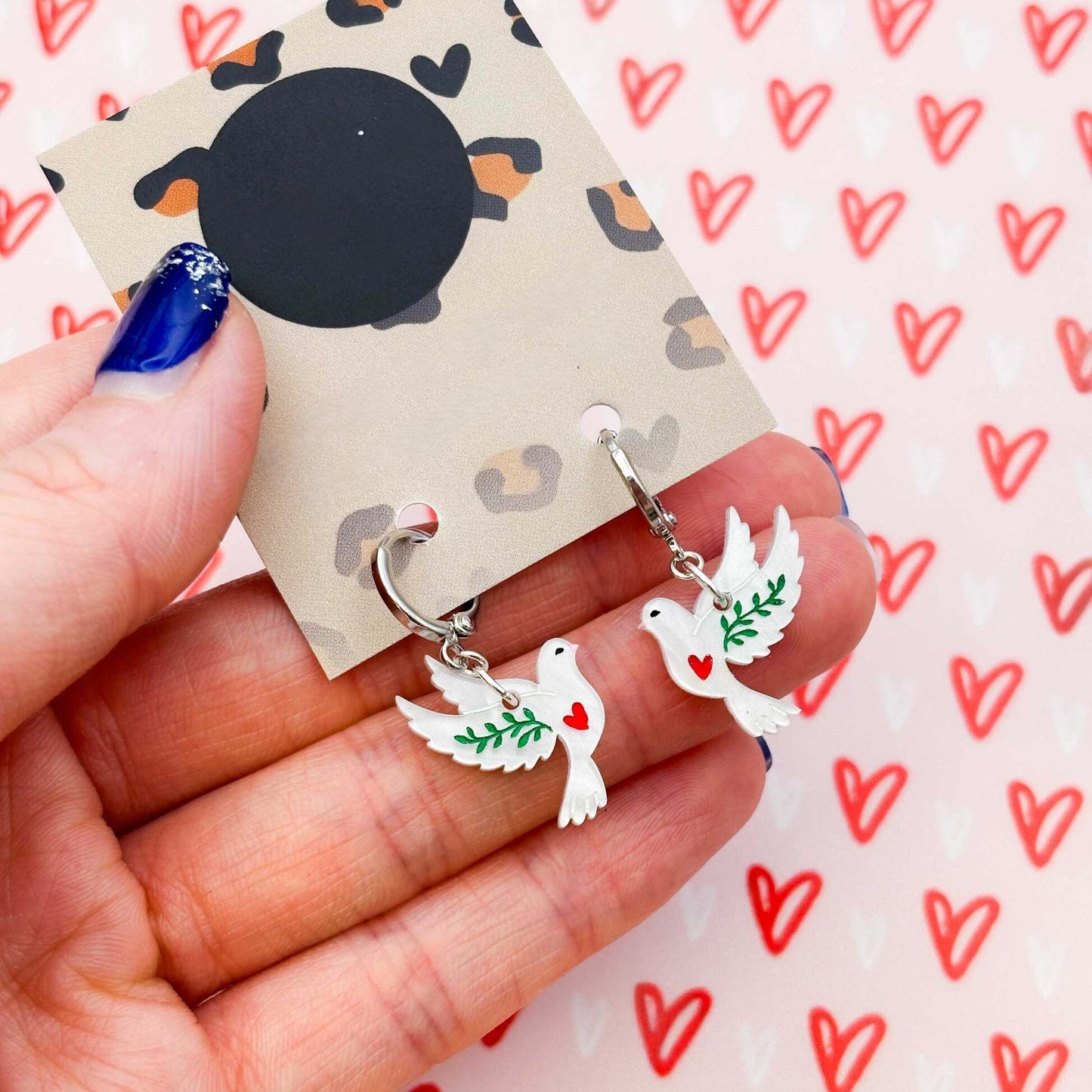 White Marble Heart Dove Acrylic Dangle Earrings