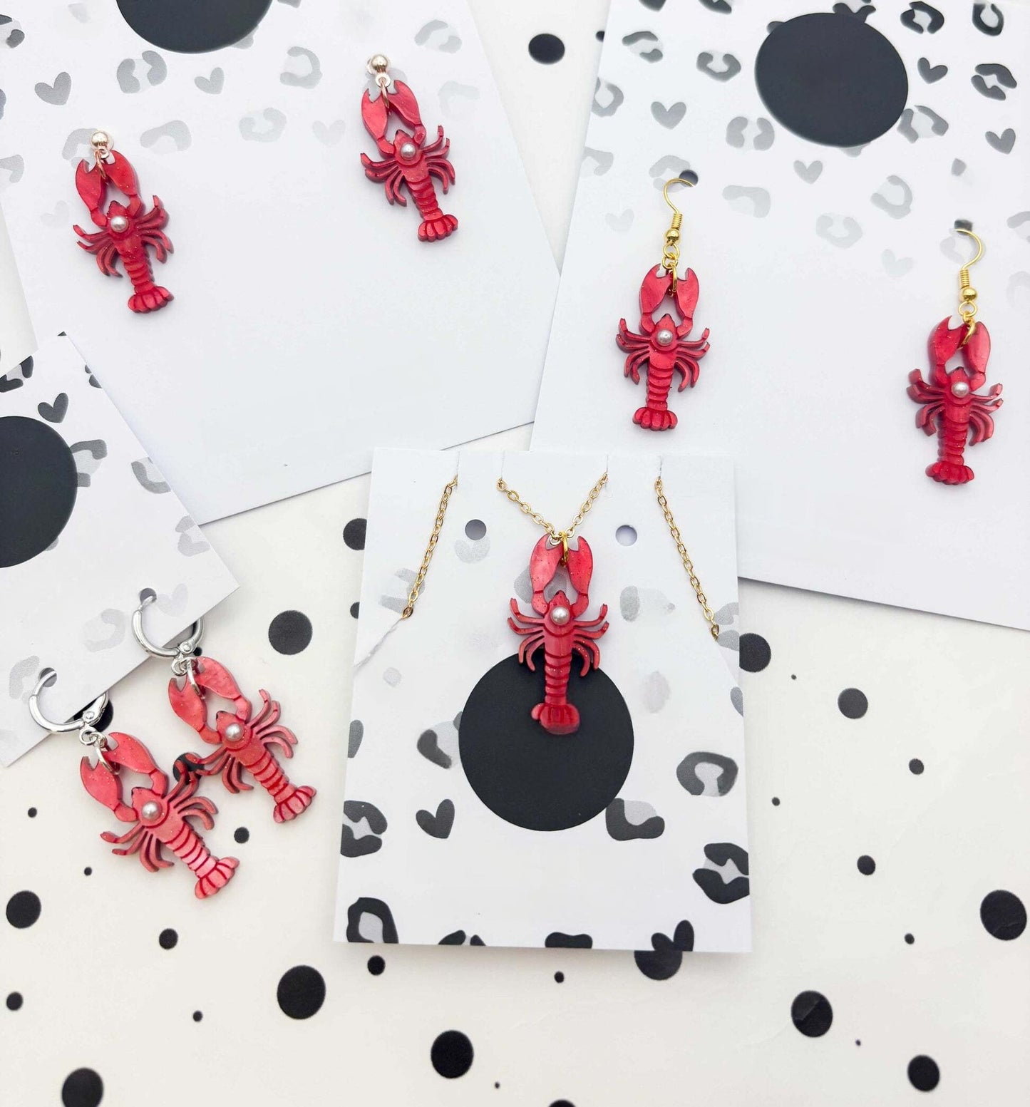Red Glitter Marble Lobster & Pearl Acrylic Dangle Earrings