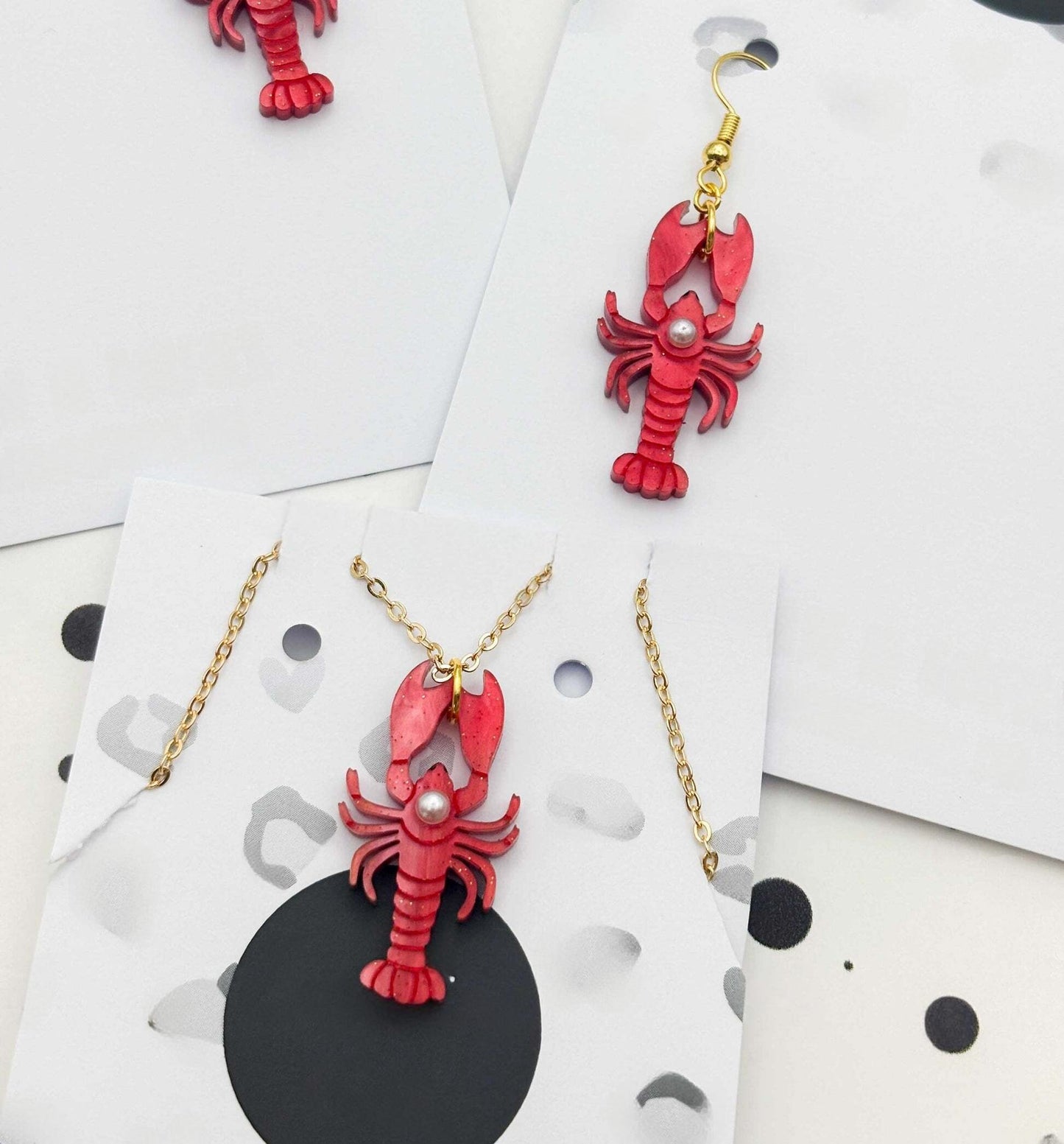 Red Glitter Marble Lobster & Pearl Acrylic Dangle Earrings