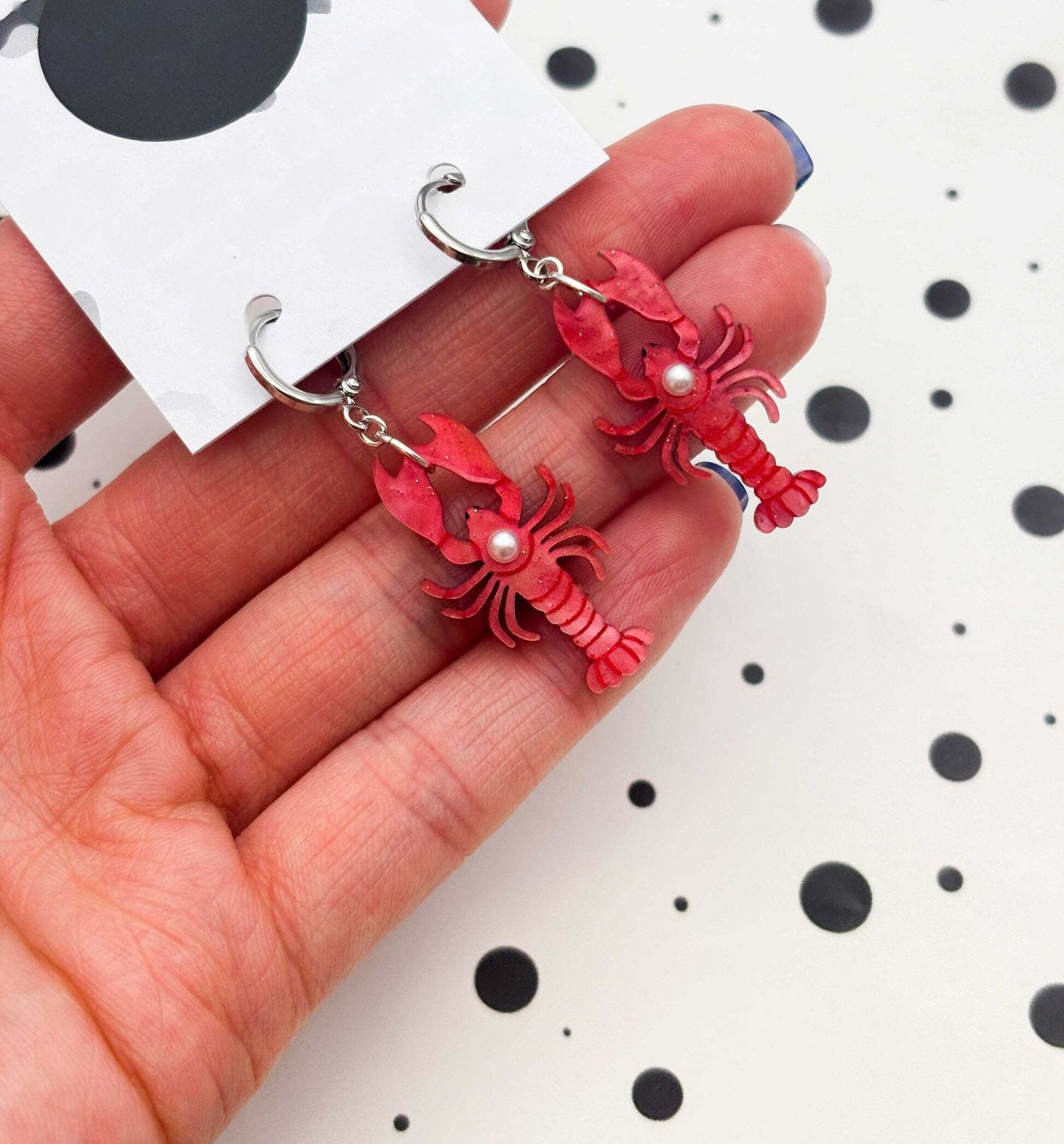 Red Glitter Marble Lobster & Pearl Acrylic Dangle Earrings