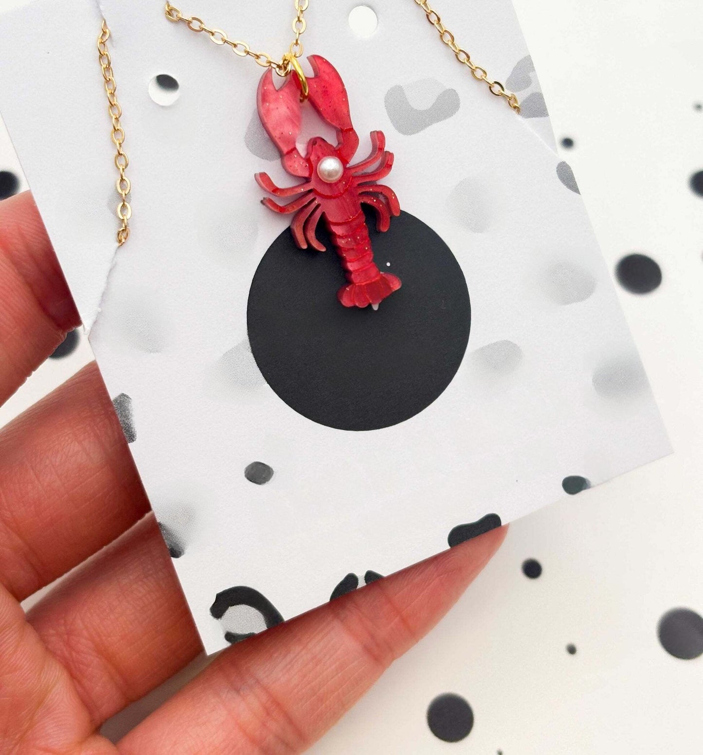 Red Glitter Marble Lobster & Pearl Acrylic Dangle Earrings