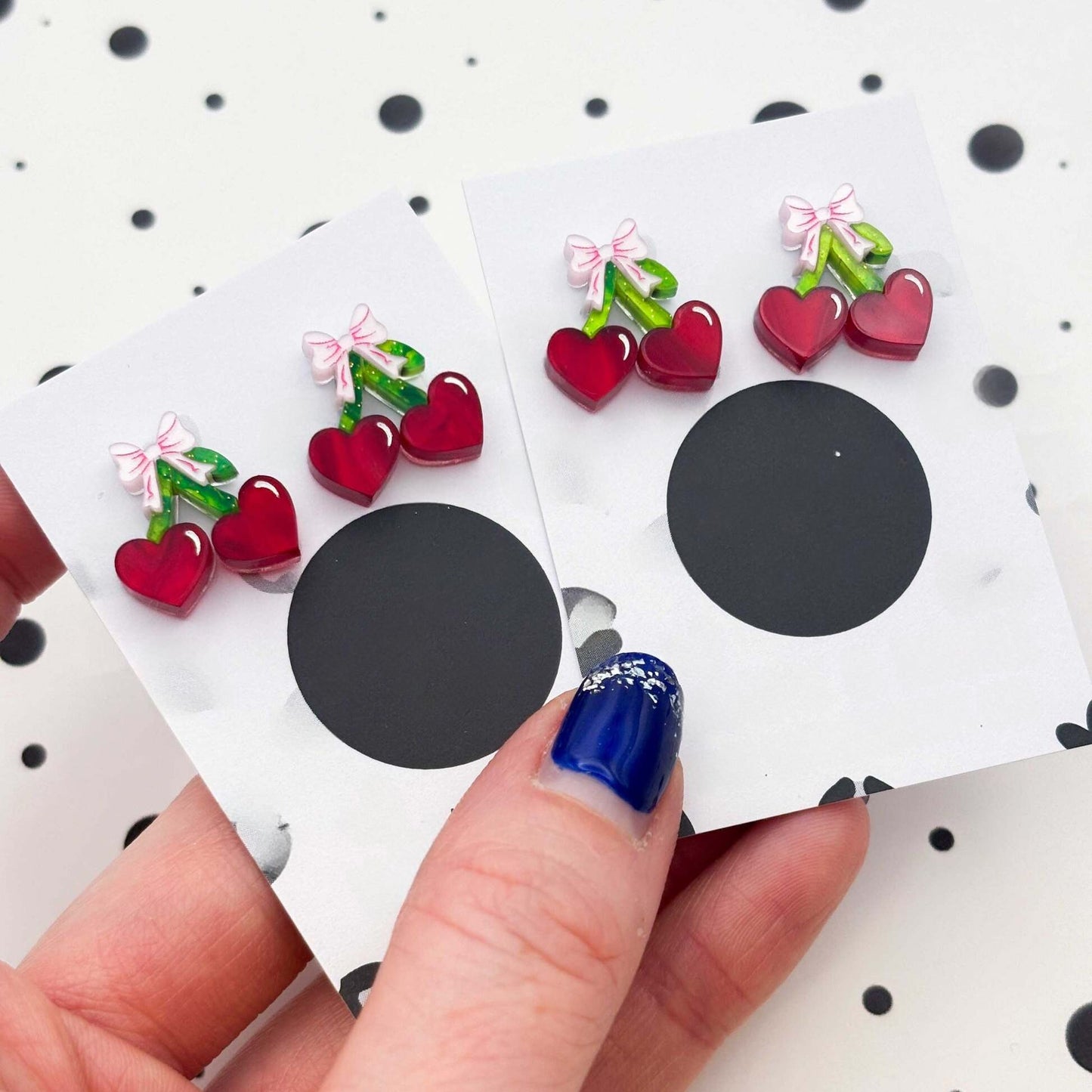 Red Heart Cherry & Pink Bow Acrylic Stud Earrings