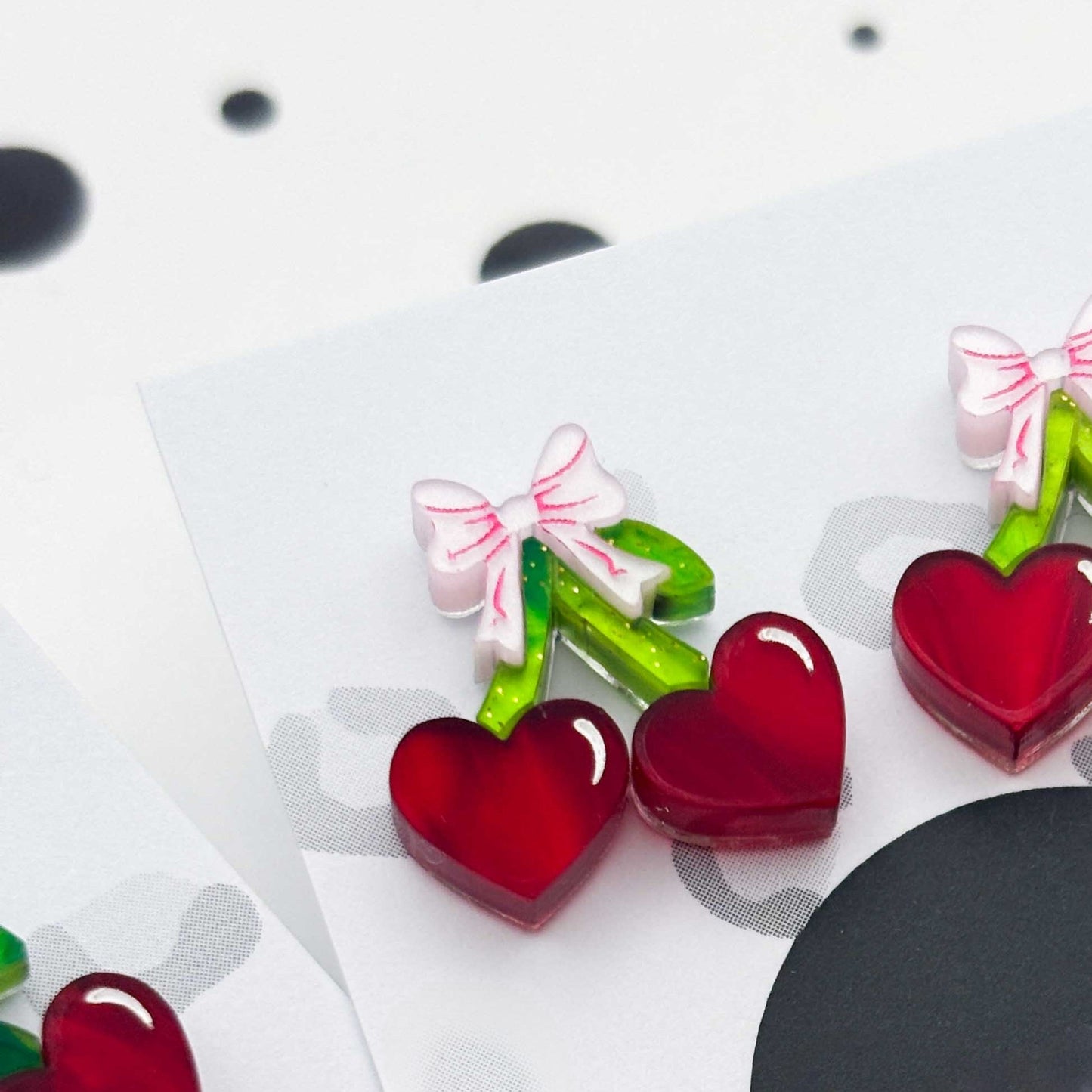 Red Heart Cherry & Pink Bow Acrylic Stud Earrings
