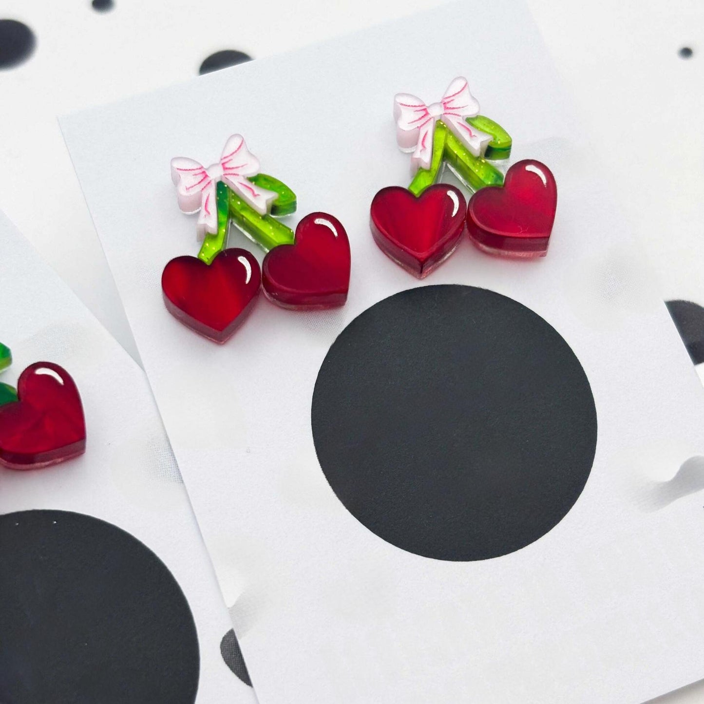 Red Heart Cherry & Pink Bow Acrylic Stud Earrings