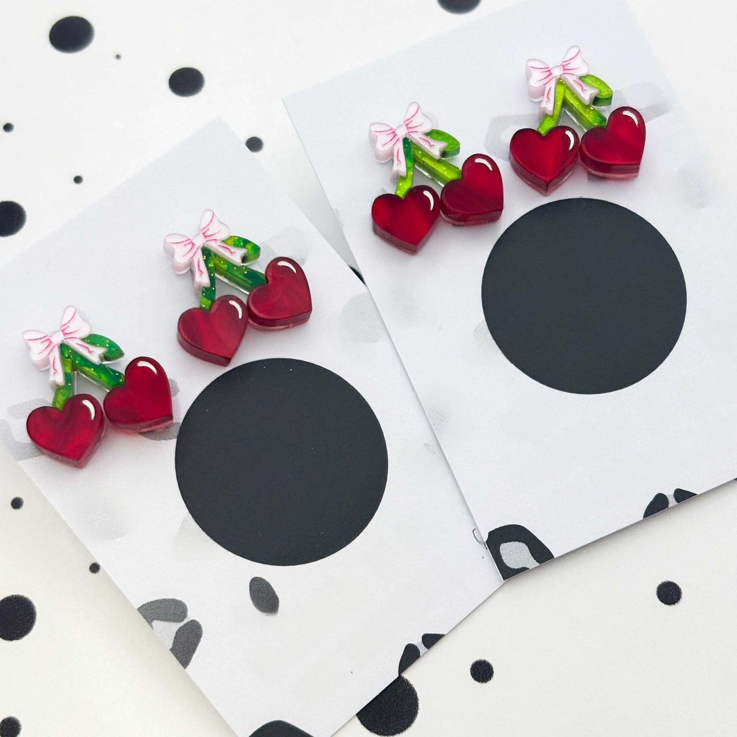 Red Heart Cherry & Pink Bow Acrylic Stud Earrings
