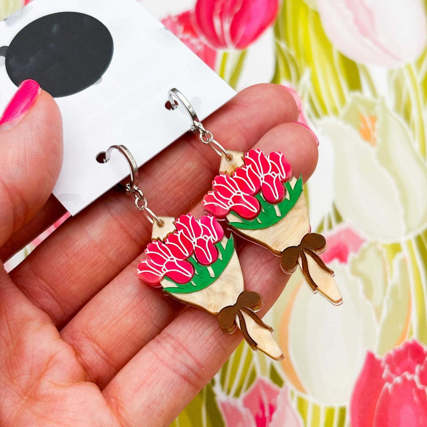 Hot Pink Tulip Bouquet Acrylic Dangle Earrings