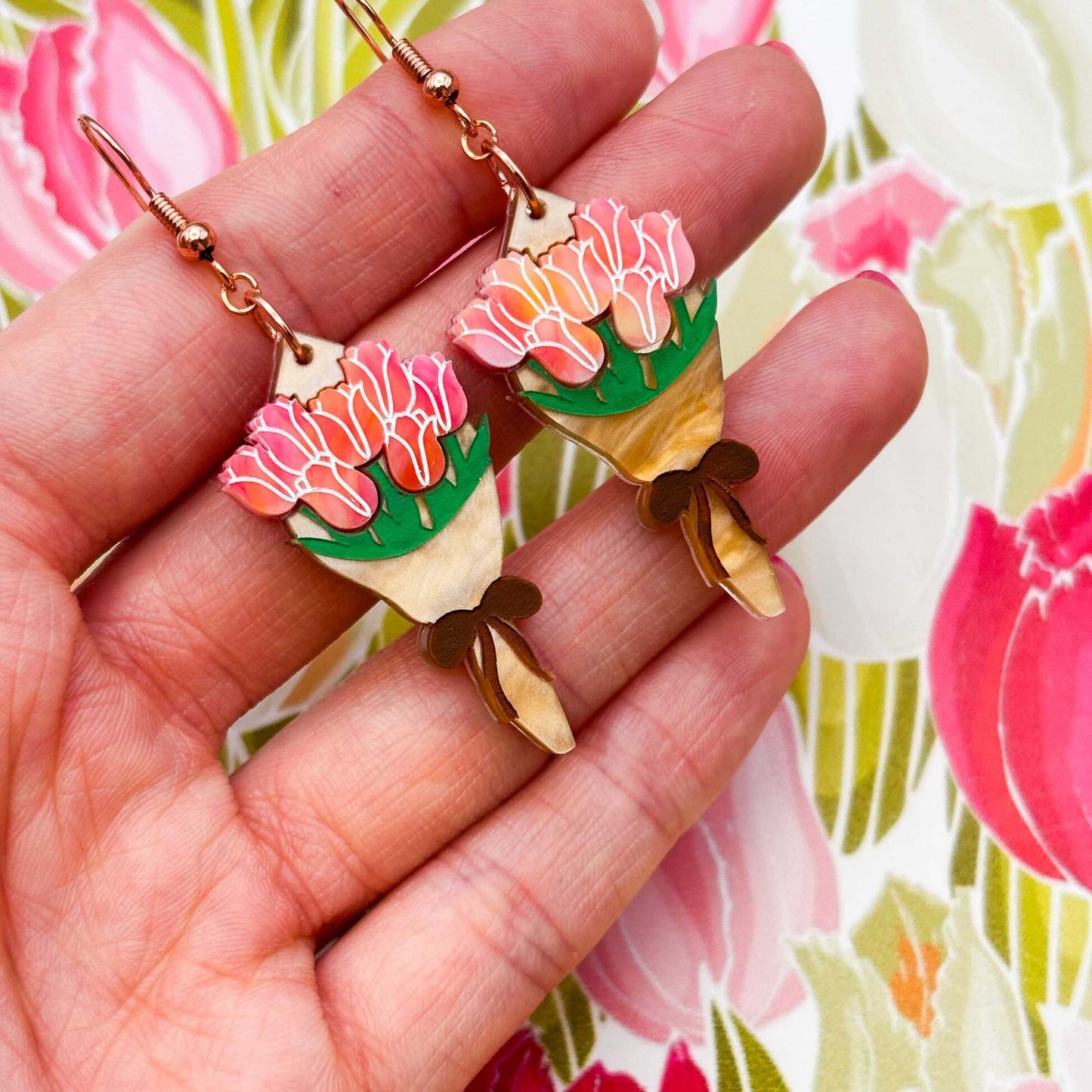 Hot Pink Tulip Bouquet Acrylic Dangle Earrings