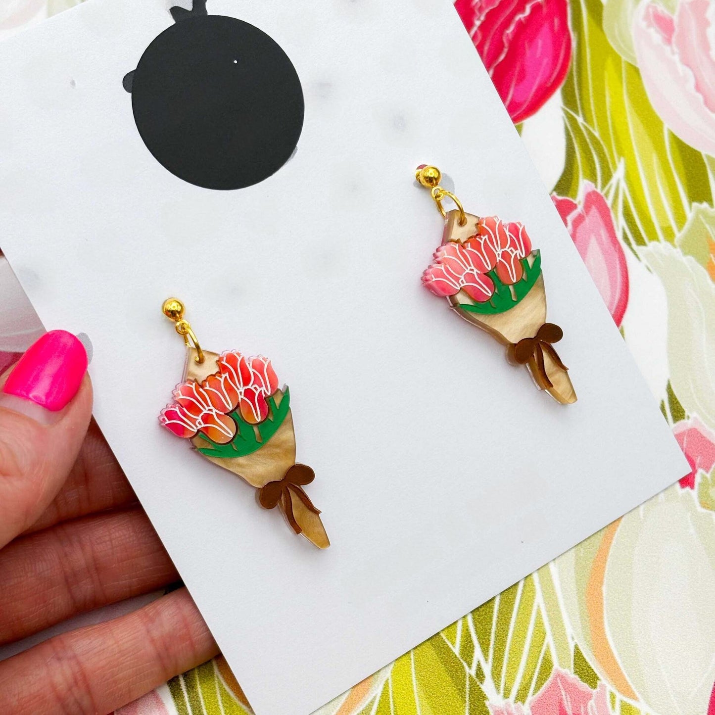 Hot Pink Tulip Bouquet Acrylic Dangle Earrings