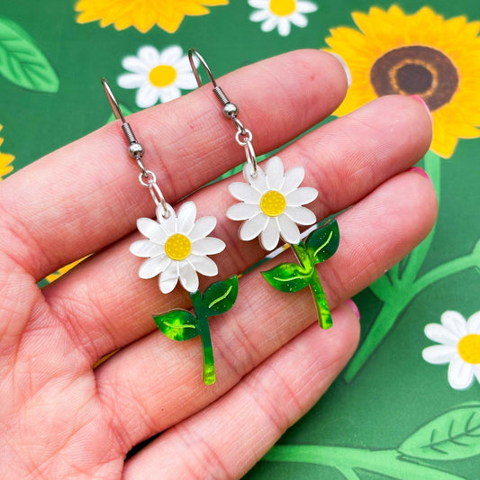 White Daisy Flower Acrylic Dangle Earrings