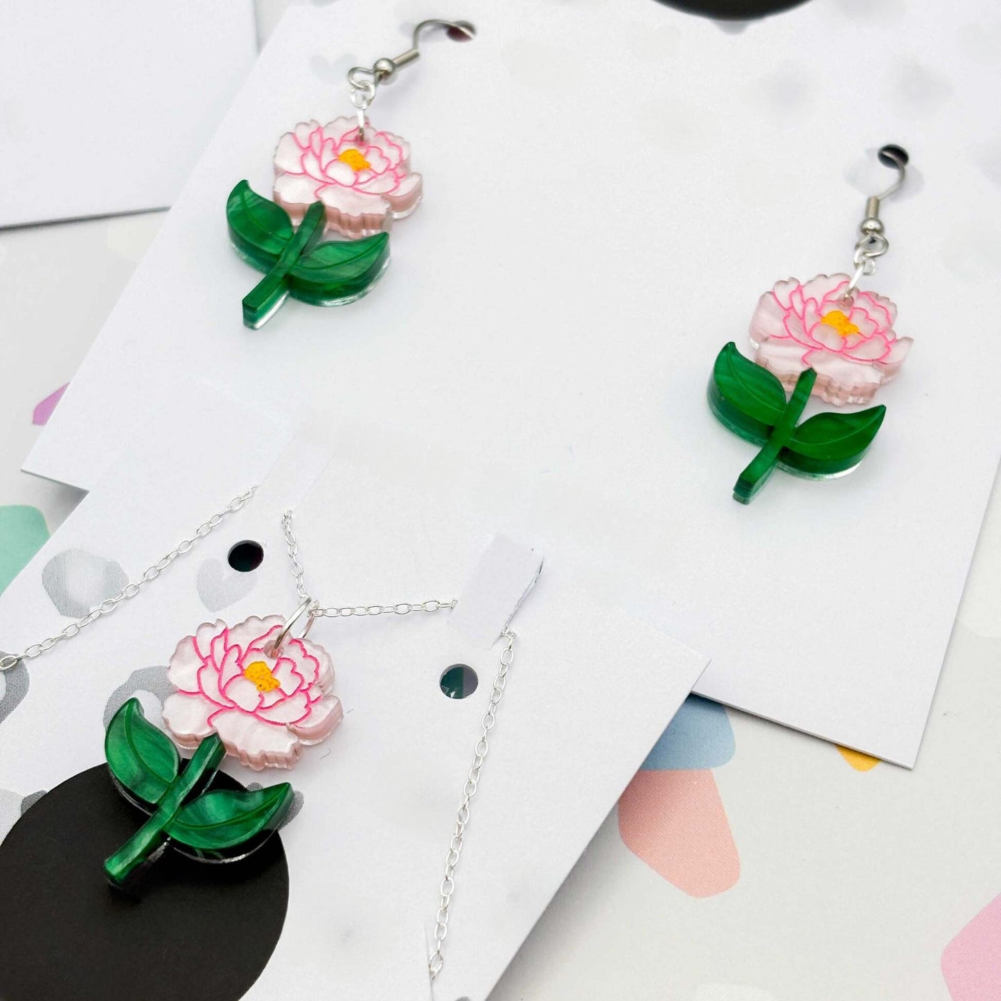 Pale Pink Peony Flower Acrylic Dangle Earrings