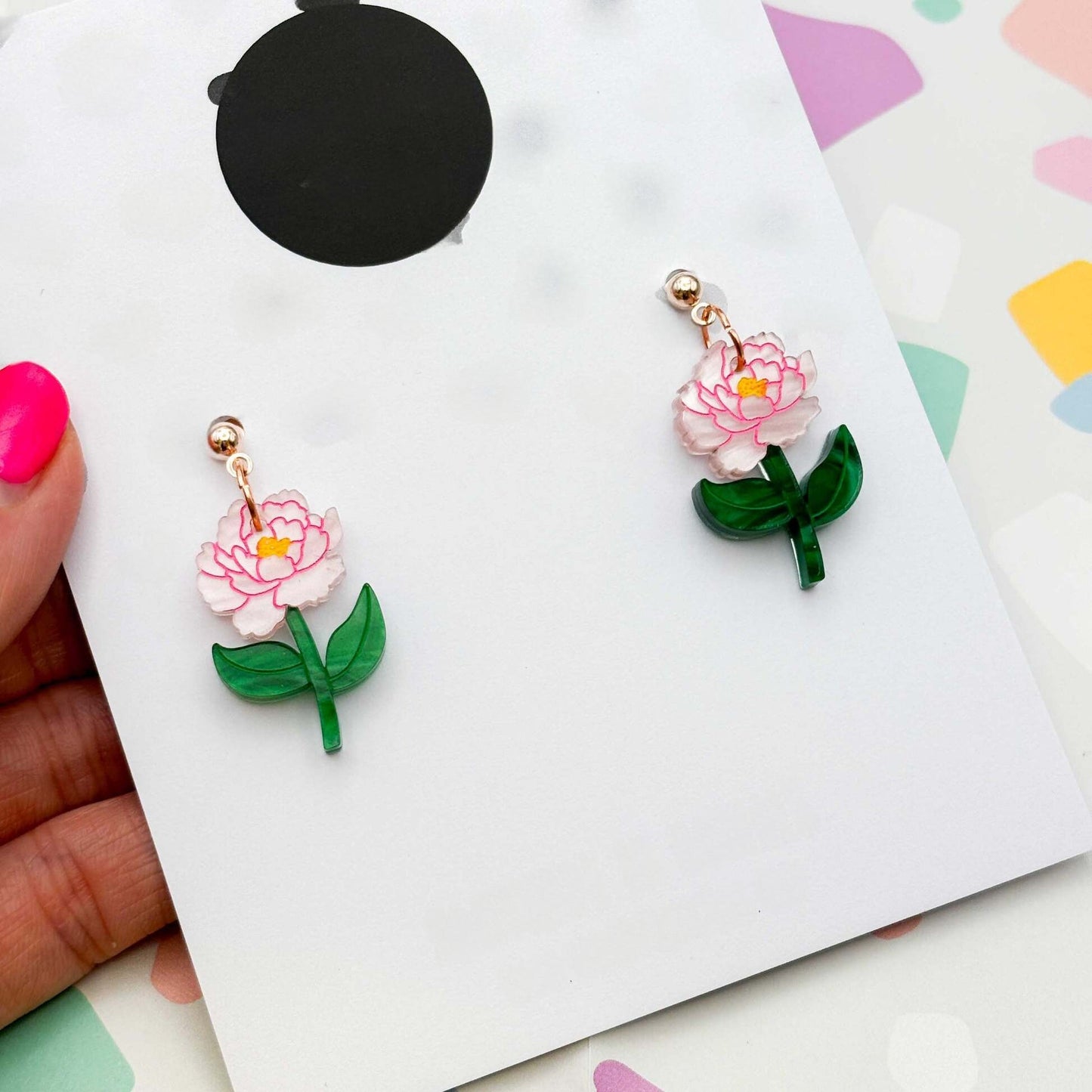 Pale Pink Peony Flower Acrylic Dangle Earrings