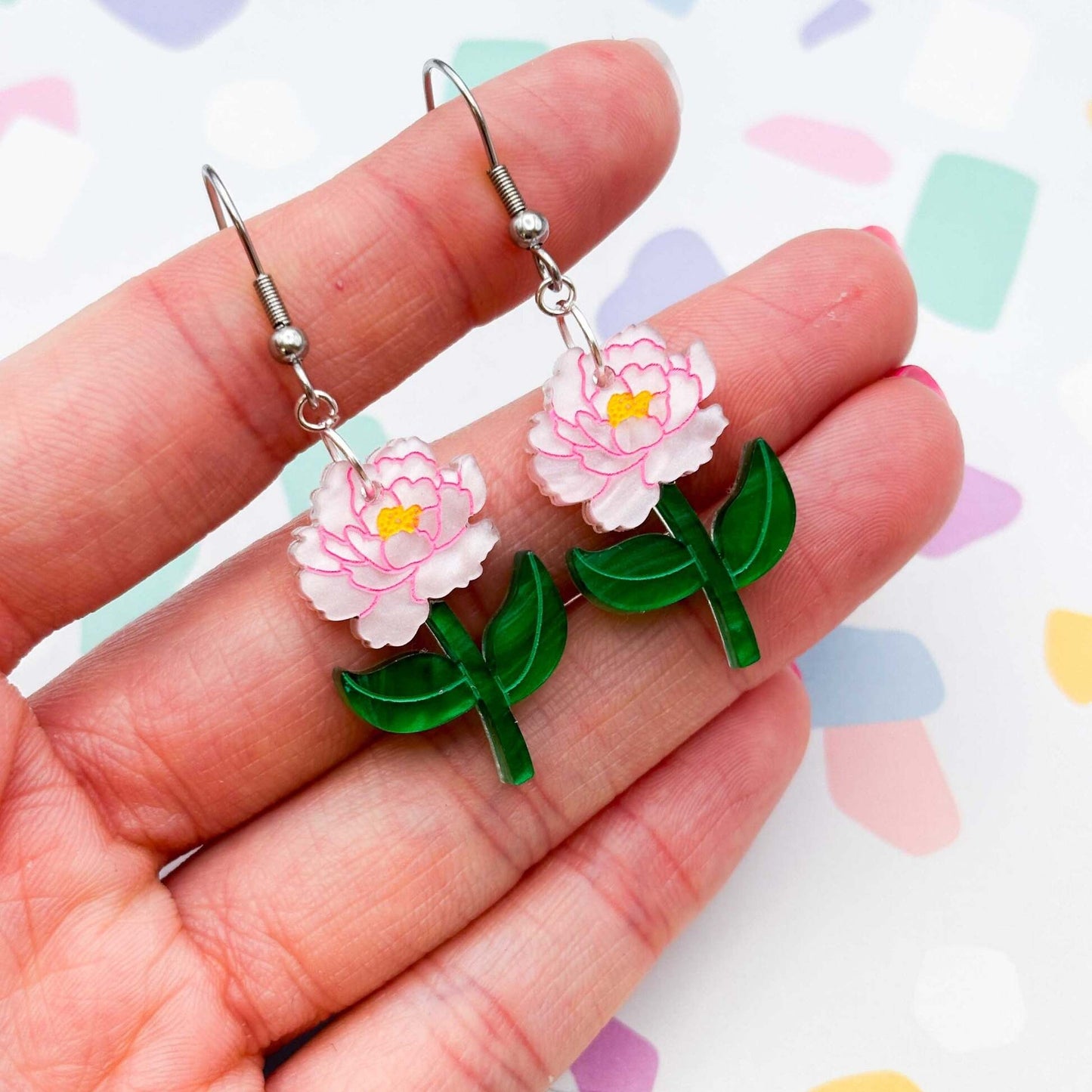 Pale Pink Peony Flower Acrylic Dangle Earrings