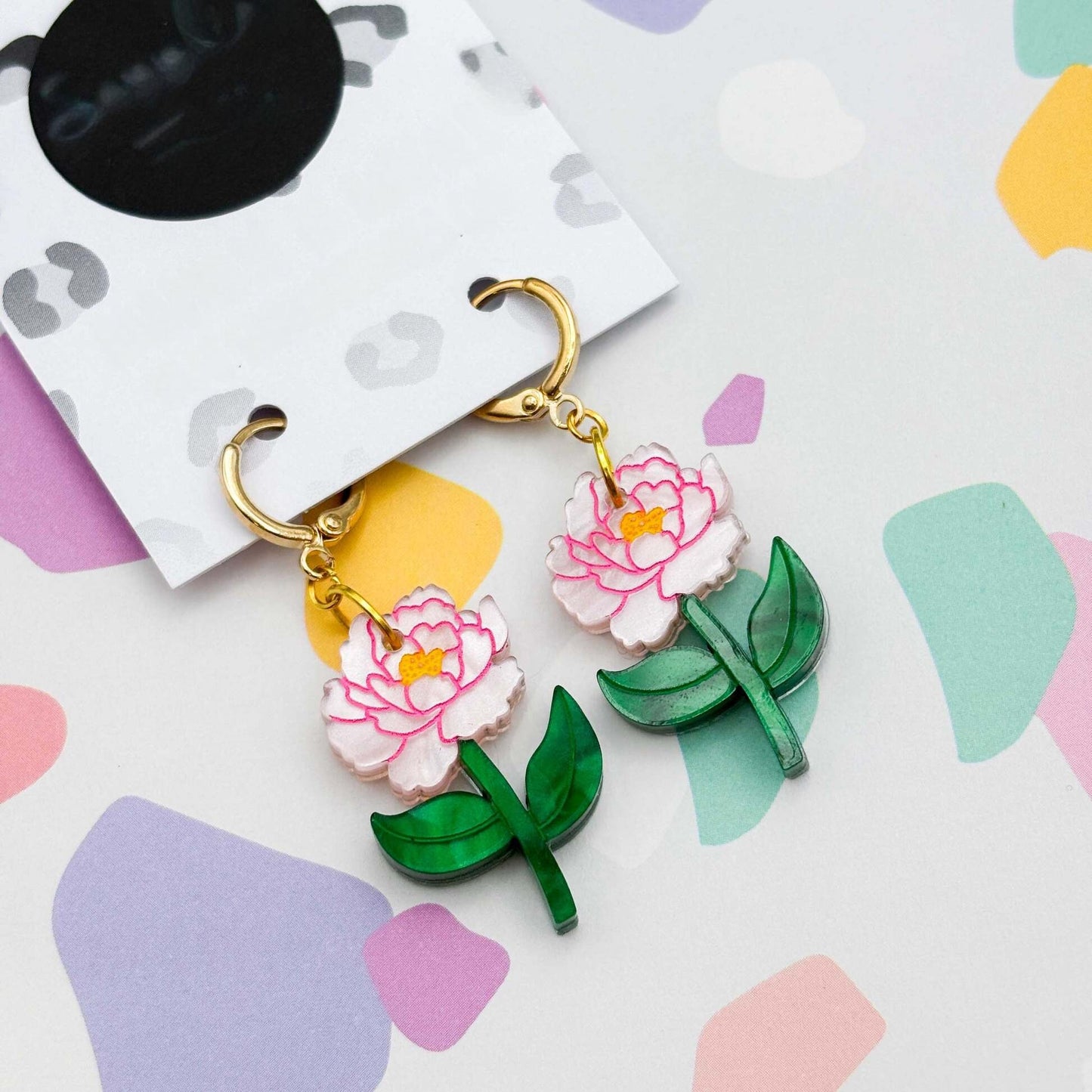 Pale Pink Peony Flower Acrylic Dangle Earrings