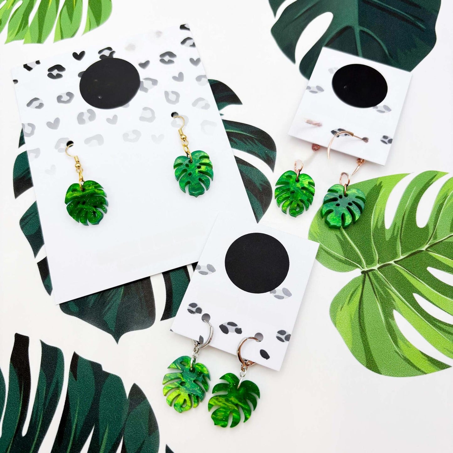 Green Glitter Marble Monstera Leaf Acrylic Dangle Earrings
