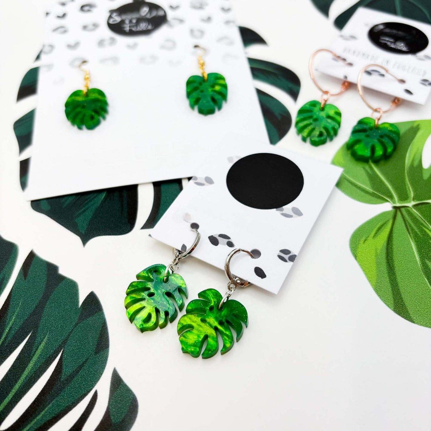 Green Glitter Marble Monstera Leaf Acrylic Dangle Earrings