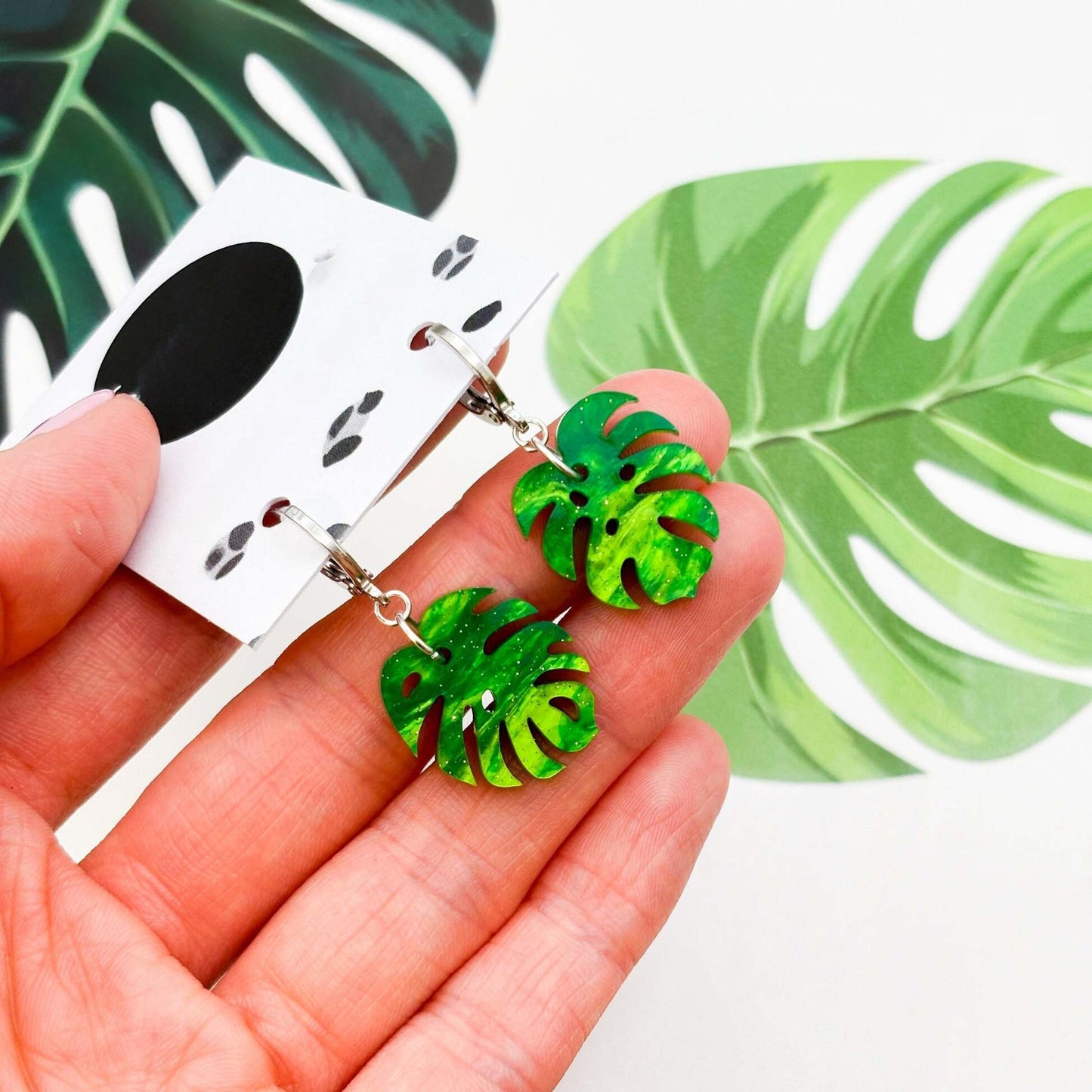 Green Glitter Marble Monstera Leaf Acrylic Dangle Earrings