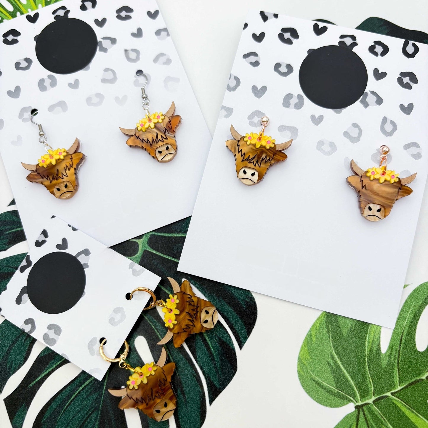 Yellow Flower Highland Cow Acrylic Dangle Earrings