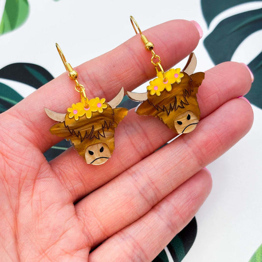 Yellow Flower Highland Cow Acrylic Dangle Earrings