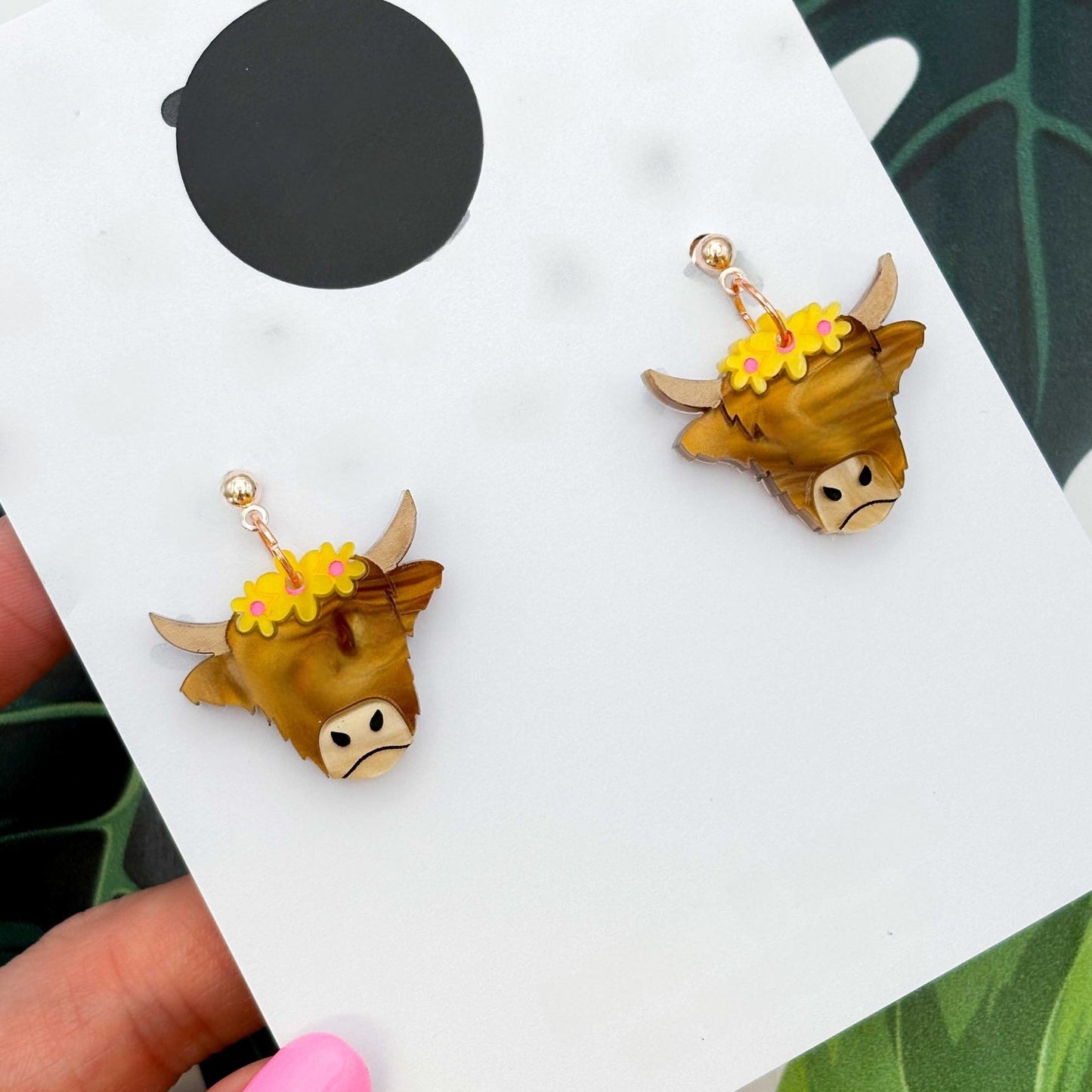Yellow Flower Highland Cow Acrylic Dangle Earrings