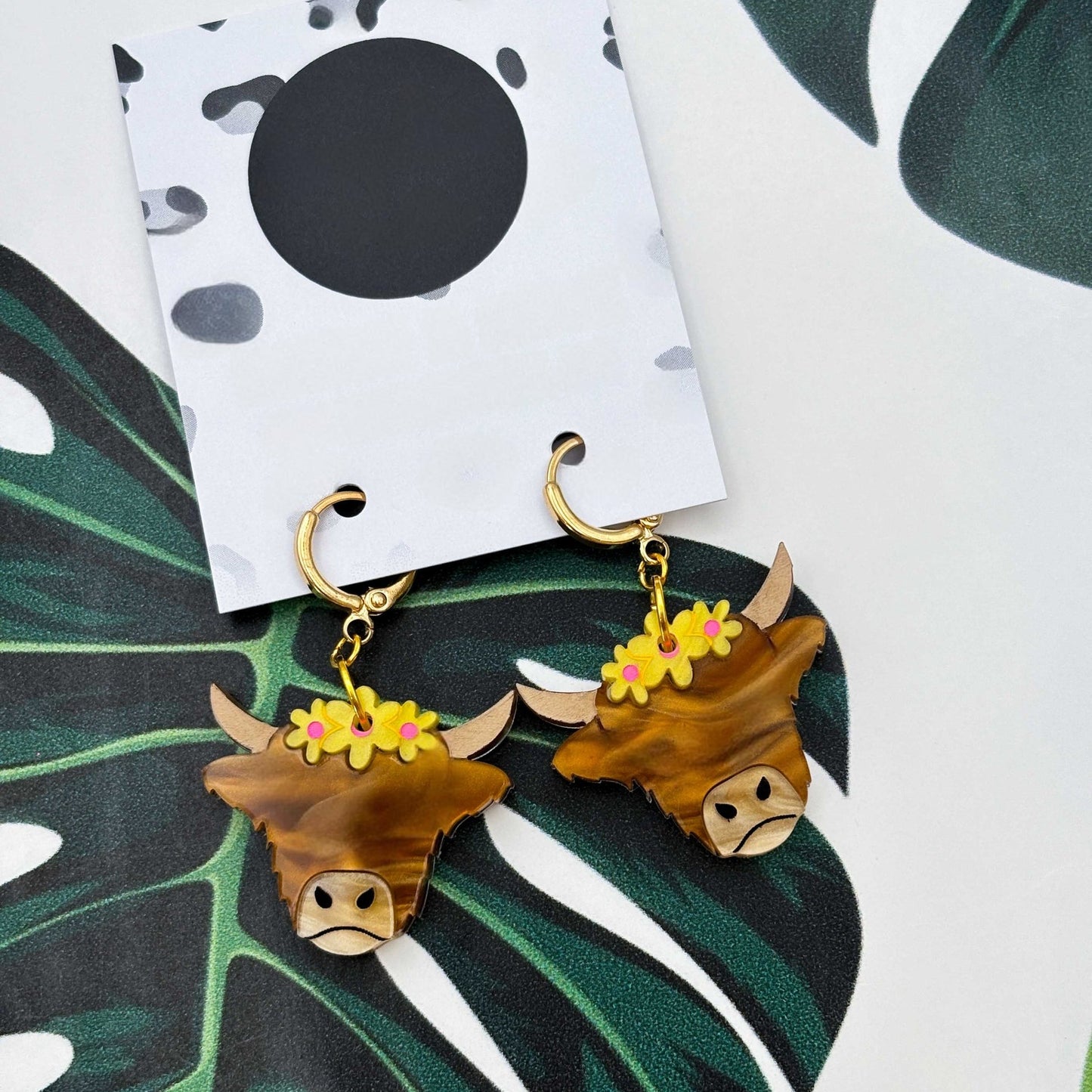 Yellow Flower Highland Cow Acrylic Dangle Earrings