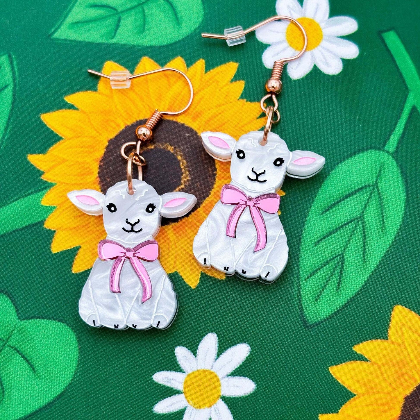 White Marble Lamb with Pink Bow Acrylic Dangle Earrings