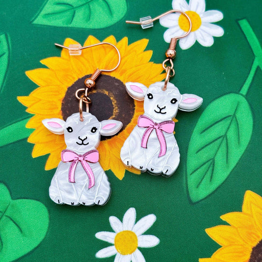 White Marble Lamb with Pink Bow Acrylic Dangle Earrings