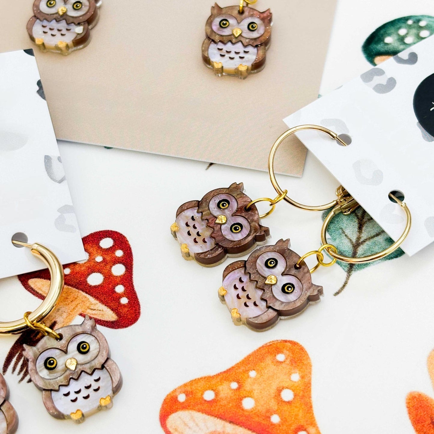 Light Brown Glitter Marble Great Horned Owl Acrylic Dangle Earrings