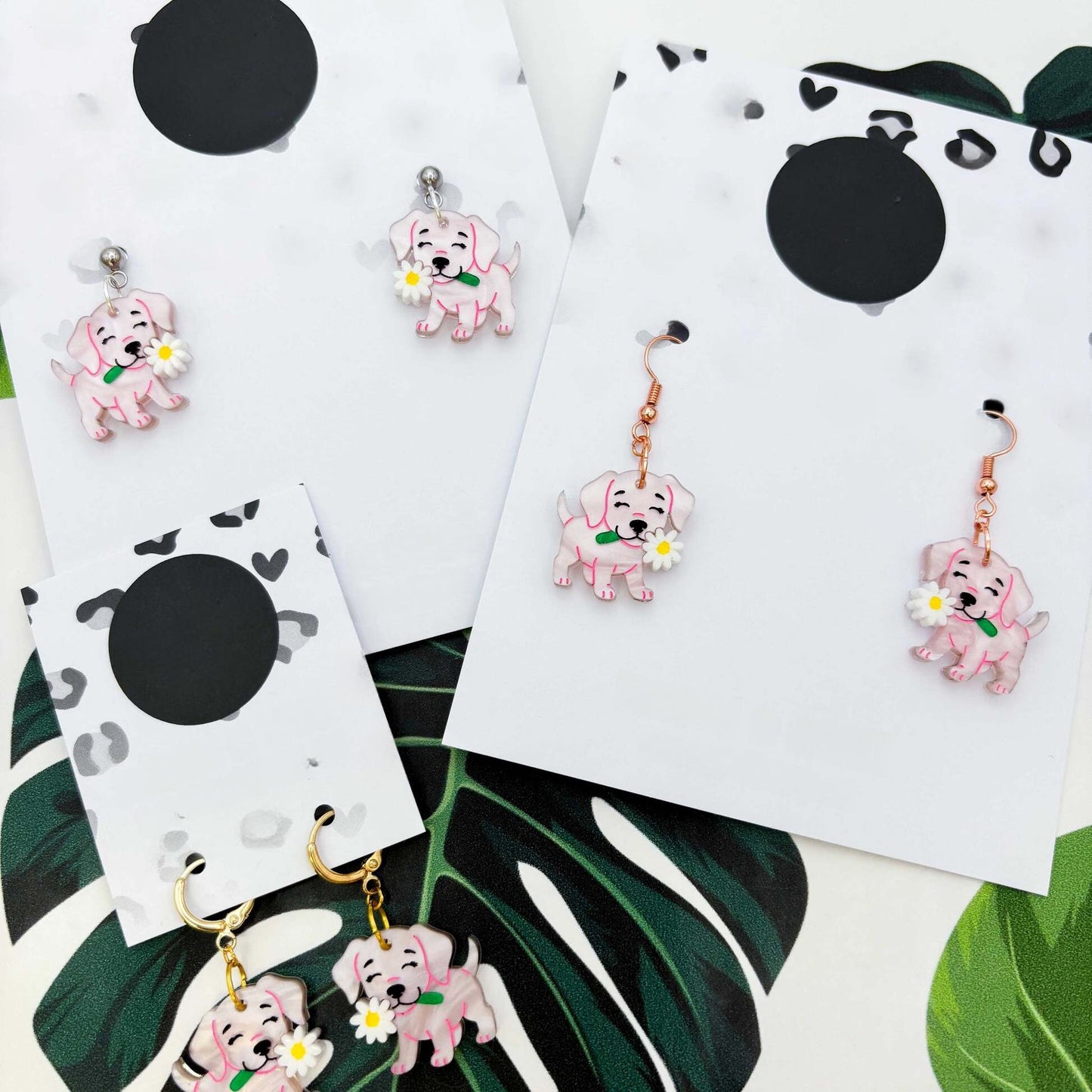 Pink Dog with Daisy Flower Acrylic Dangle Earrings