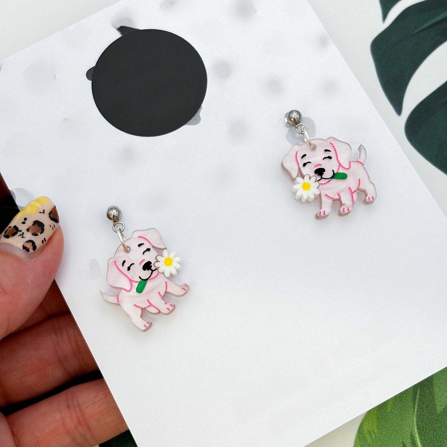 Pink Dog with Daisy Flower Acrylic Dangle Earrings