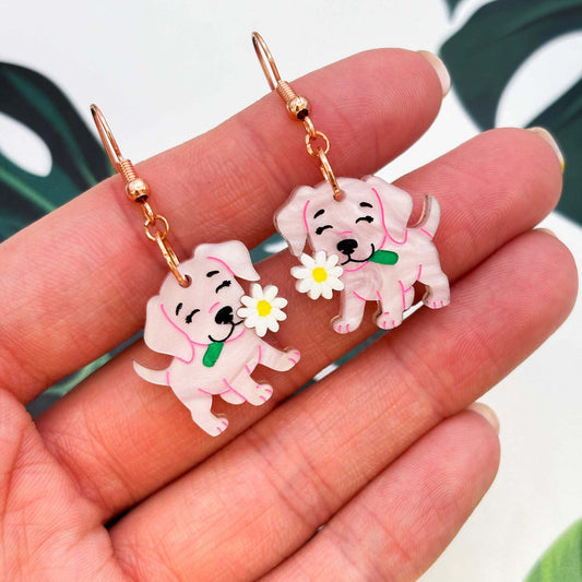 Pink Dog with Daisy Flower Acrylic Dangle Earrings