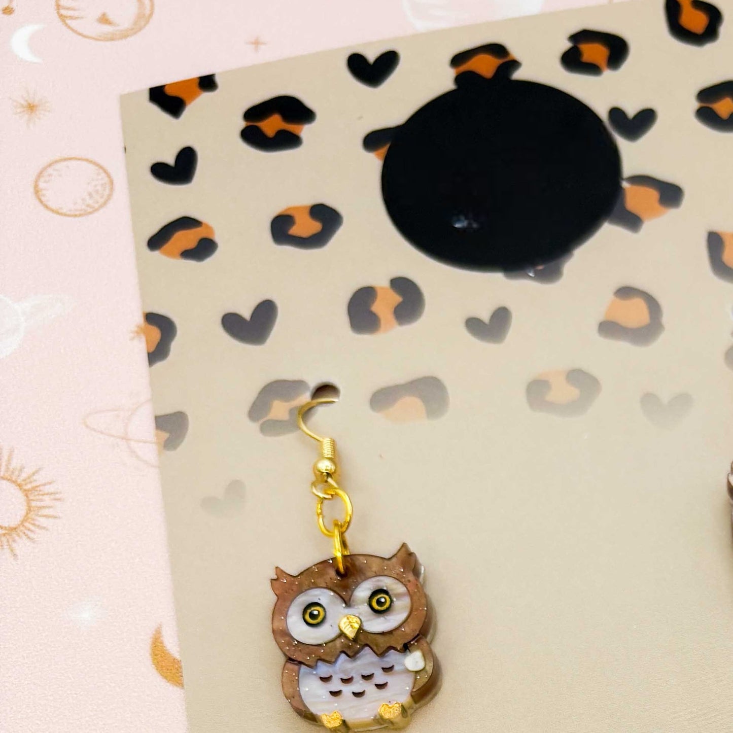 Light Brown Glitter Marble Great Horned Owl Acrylic Dangle Earrings