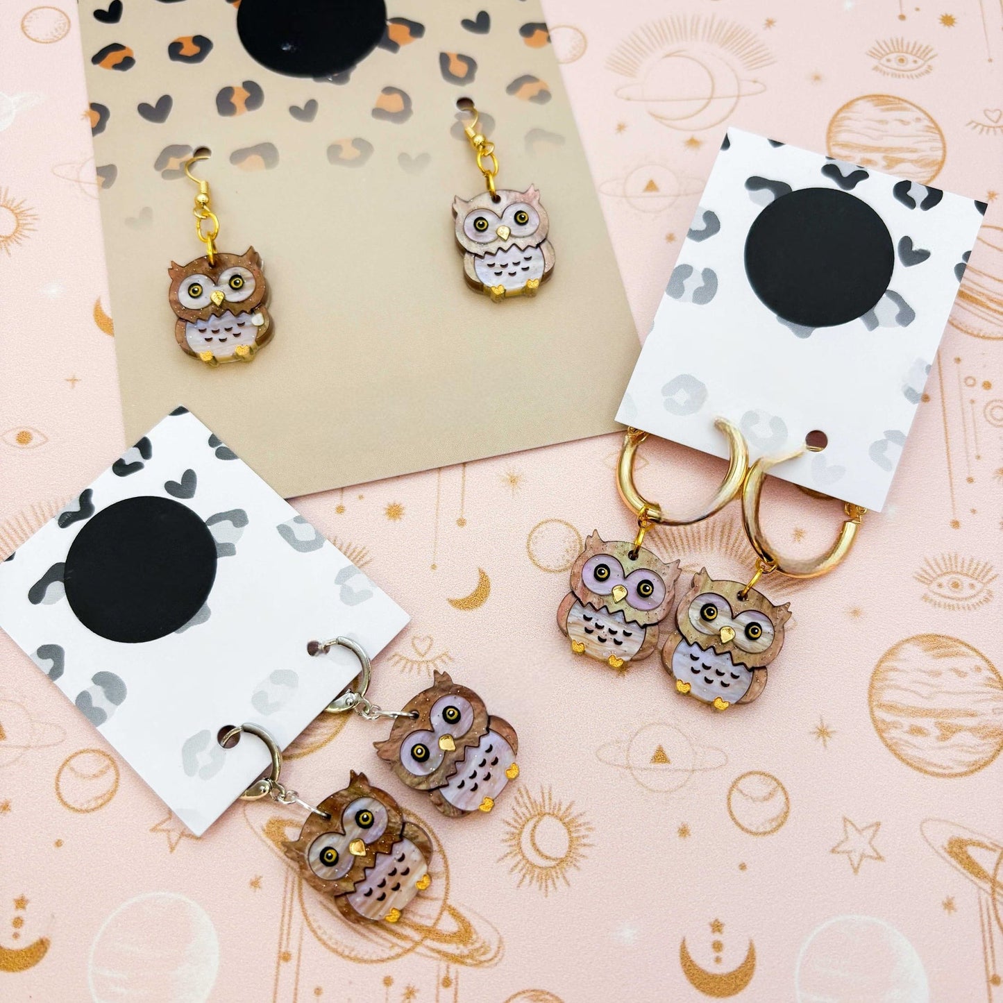 Light Brown Glitter Marble Great Horned Owl Acrylic Dangle Earrings