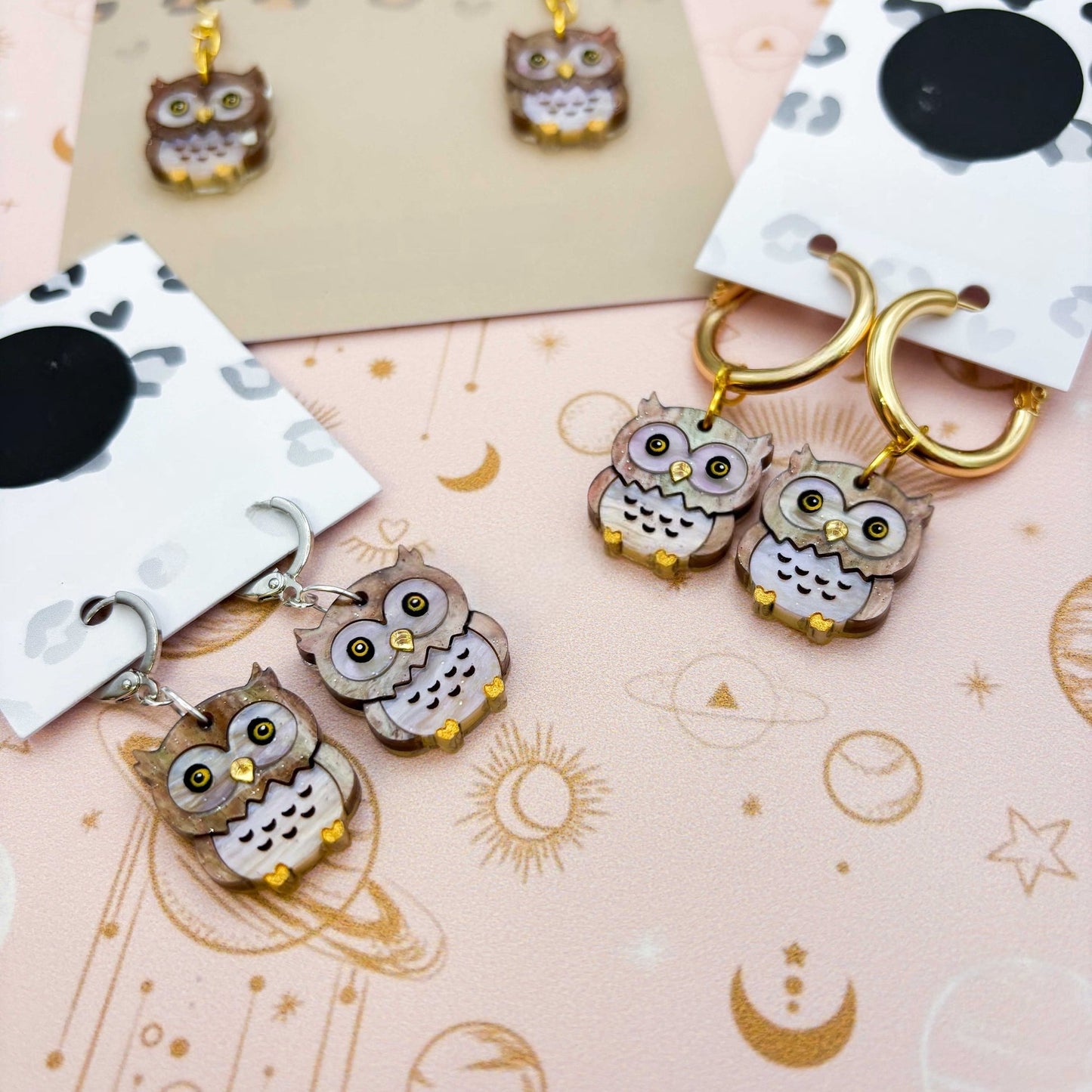Light Brown Glitter Marble Great Horned Owl Acrylic Dangle Earrings
