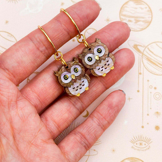 Light Brown Glitter Marble Great Horned Owl Acrylic Dangle Earrings