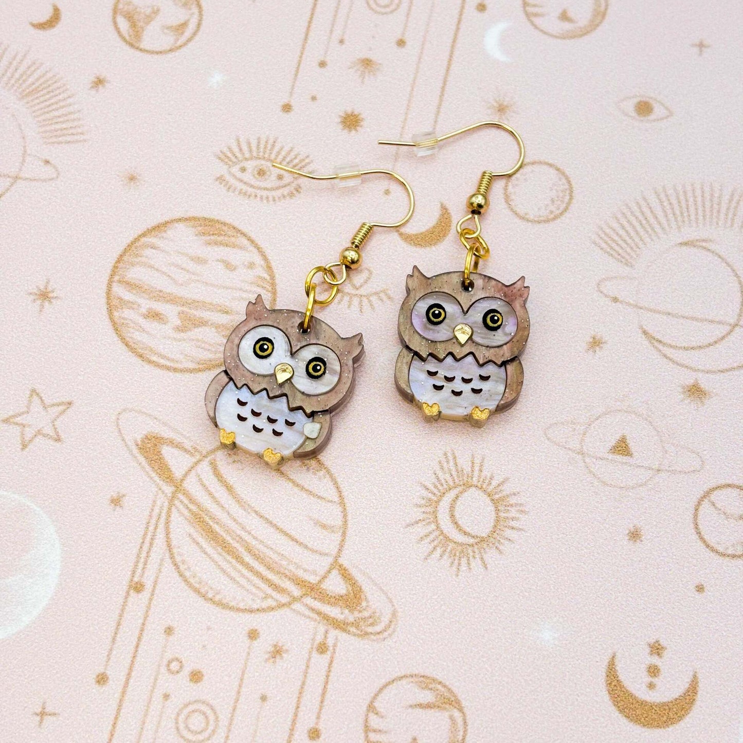 Light Brown Glitter Marble Great Horned Owl Acrylic Dangle Earrings