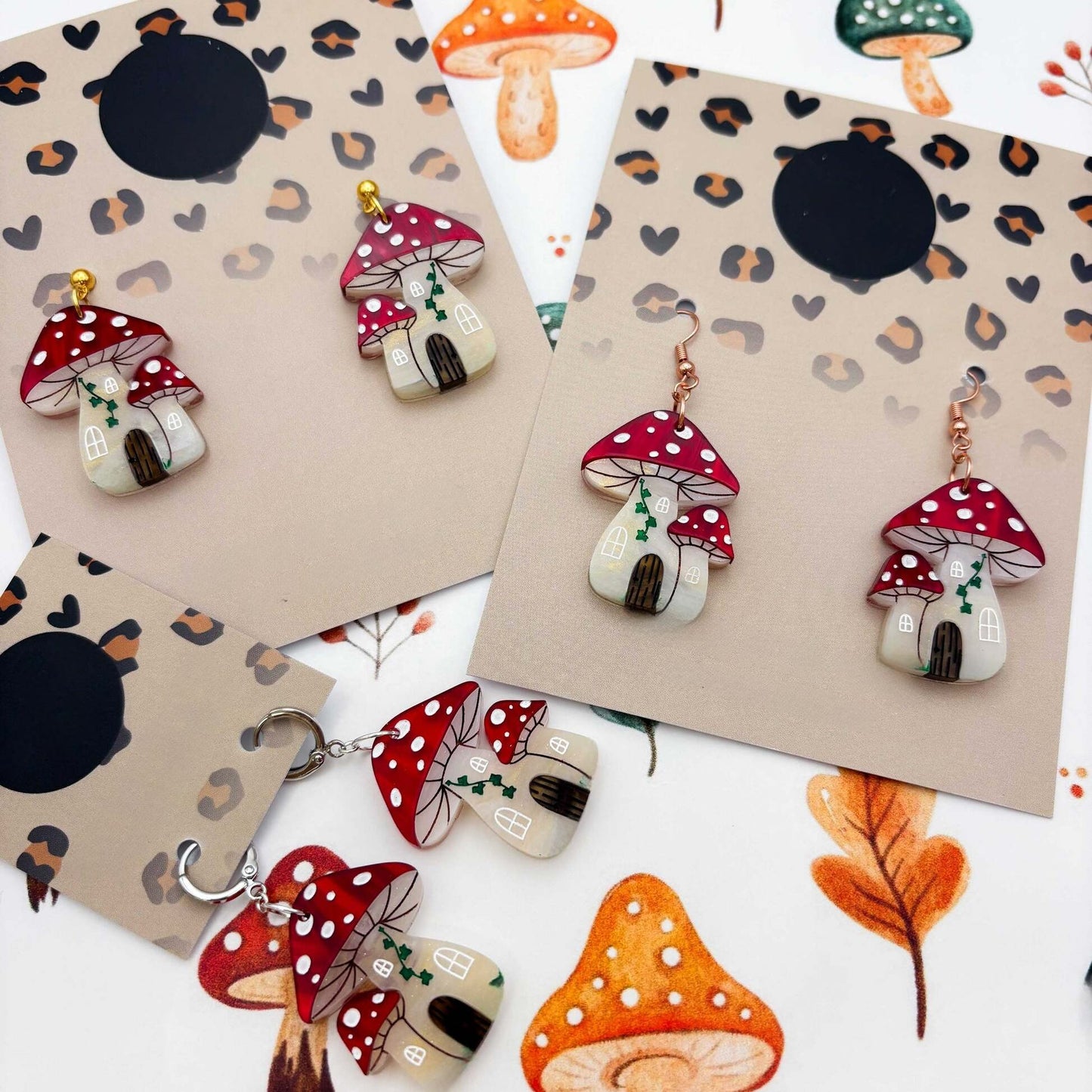 Red Marble Leopard Print Mushroom Acrylic Dangle Earrings