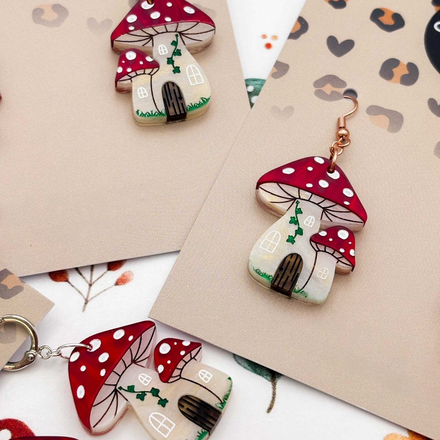 Red Marble Leopard Print Mushroom Acrylic Dangle Earrings