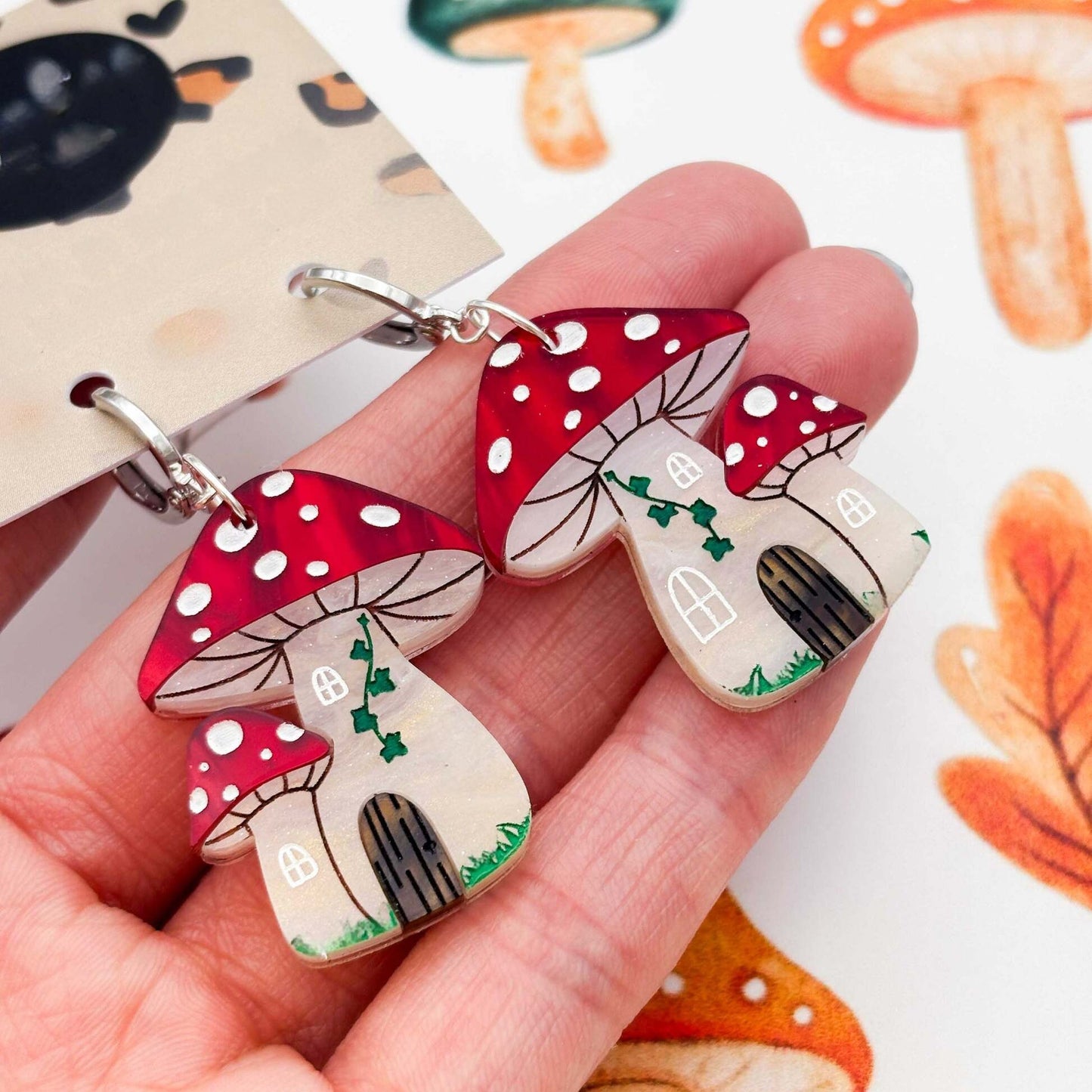 Red Marble Leopard Print Mushroom Acrylic Dangle Earrings
