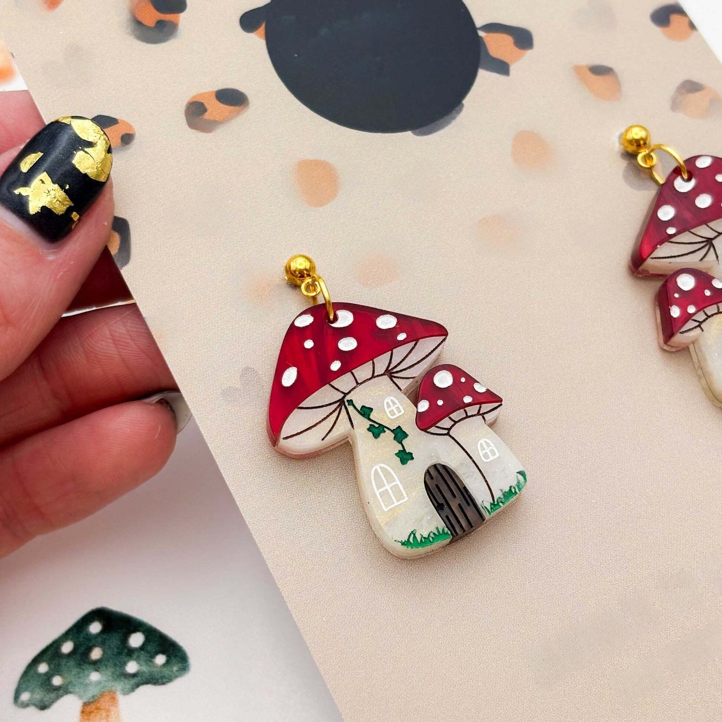 Red Marble Leopard Print Mushroom Acrylic Dangle Earrings