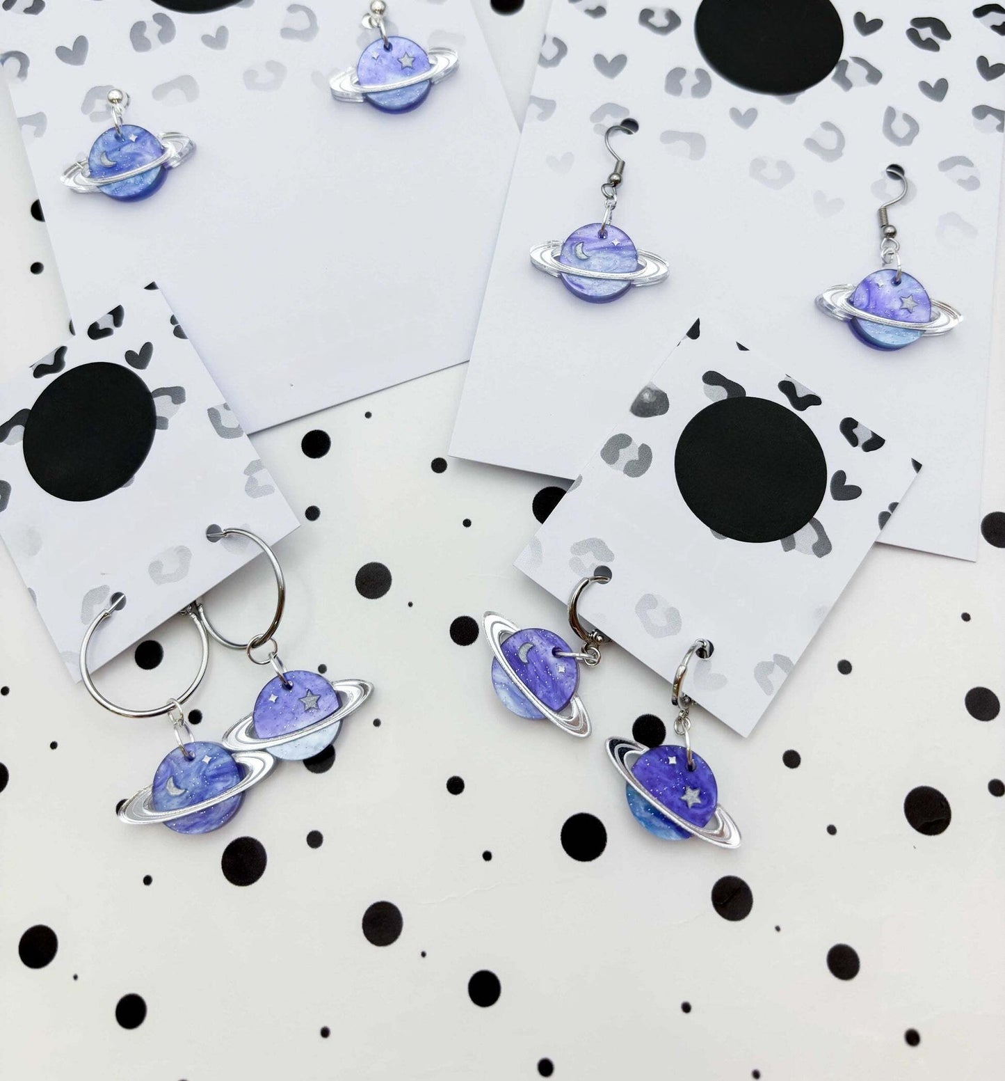 Silver Night Sky Leopard Print Planet Acrylic Dangle Earrings
