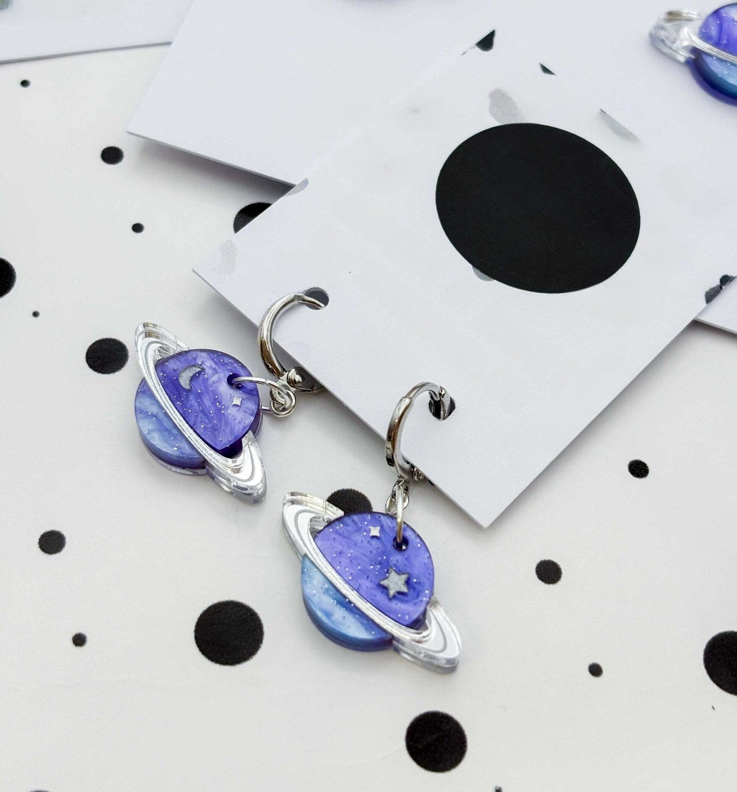 Silver Night Sky Leopard Print Planet Acrylic Dangle Earrings