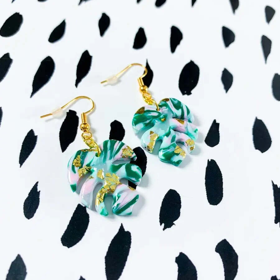 Green Mint & Baby Pink Marble Monstera Leaf Dangle Earrings